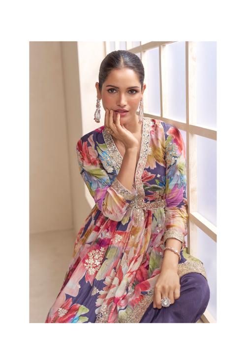 Lavender Floral Printed Chinnon Palazzo Suit — alternate view