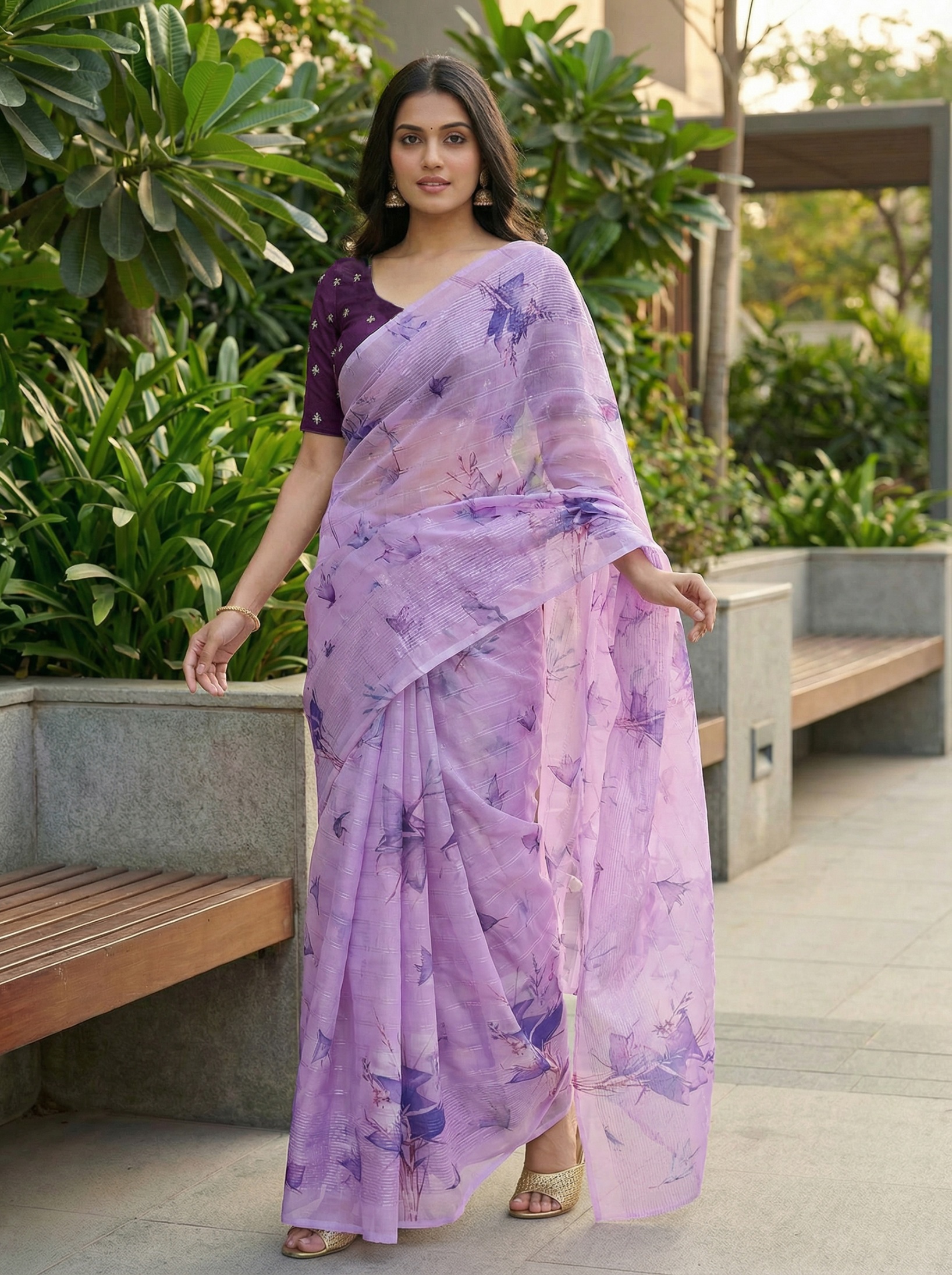 Lavender Floral Printed Organza Saree