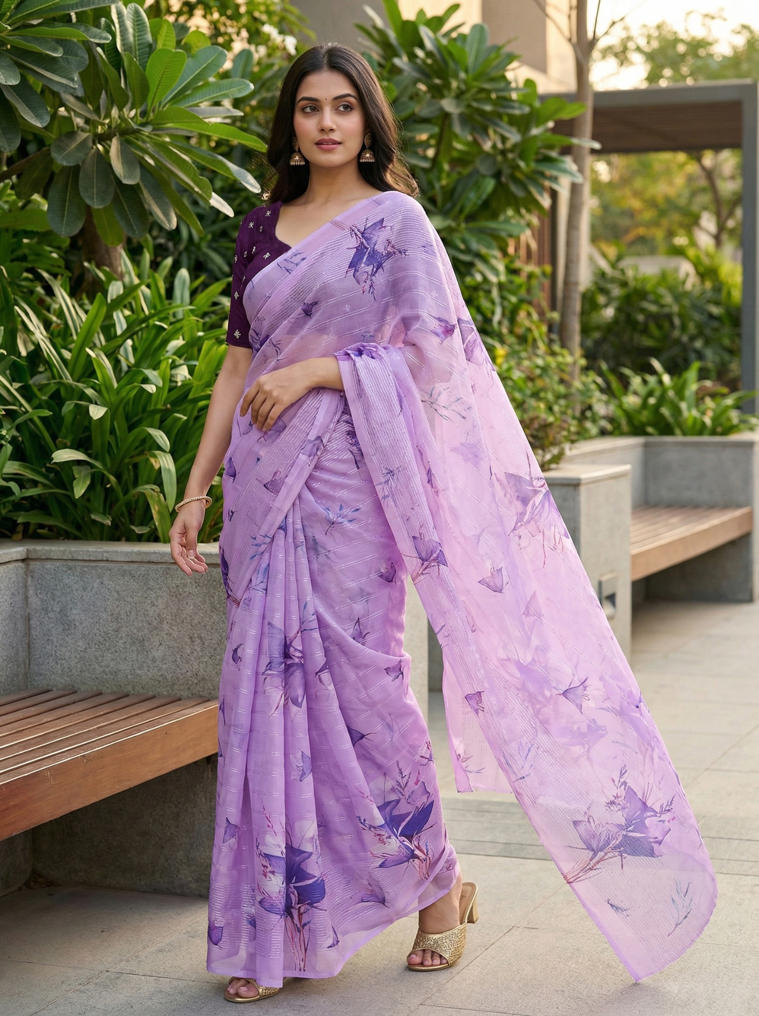 Lavender Floral Printed Organza Saree — alternate view