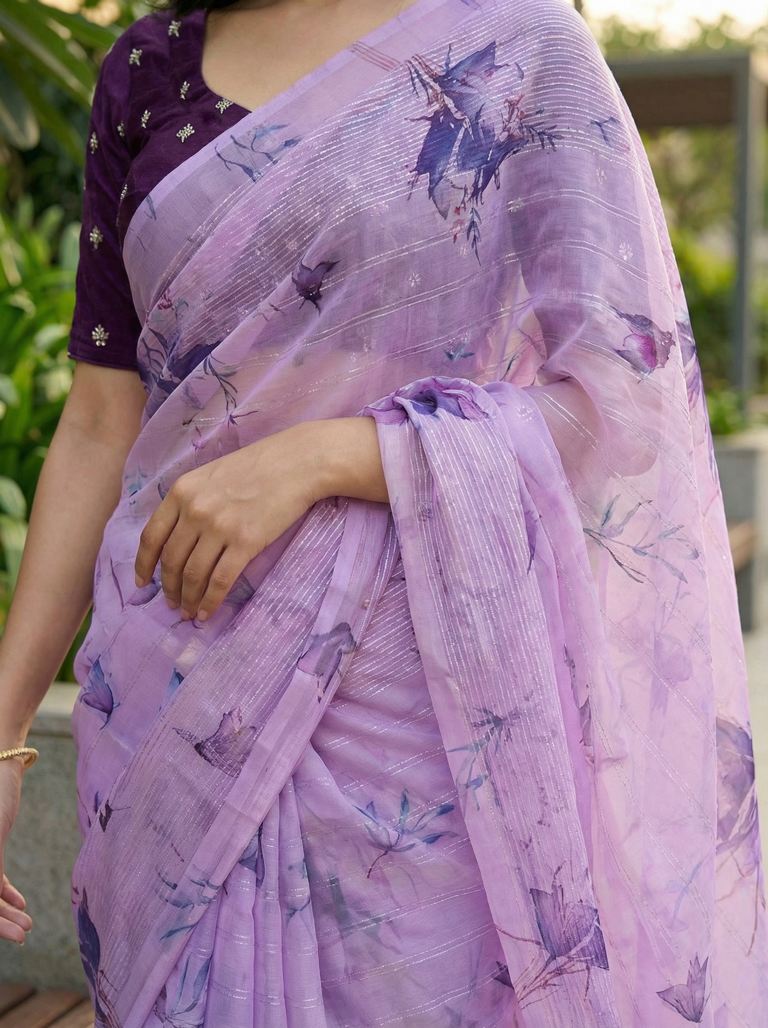Lavender Floral Printed Organza Saree