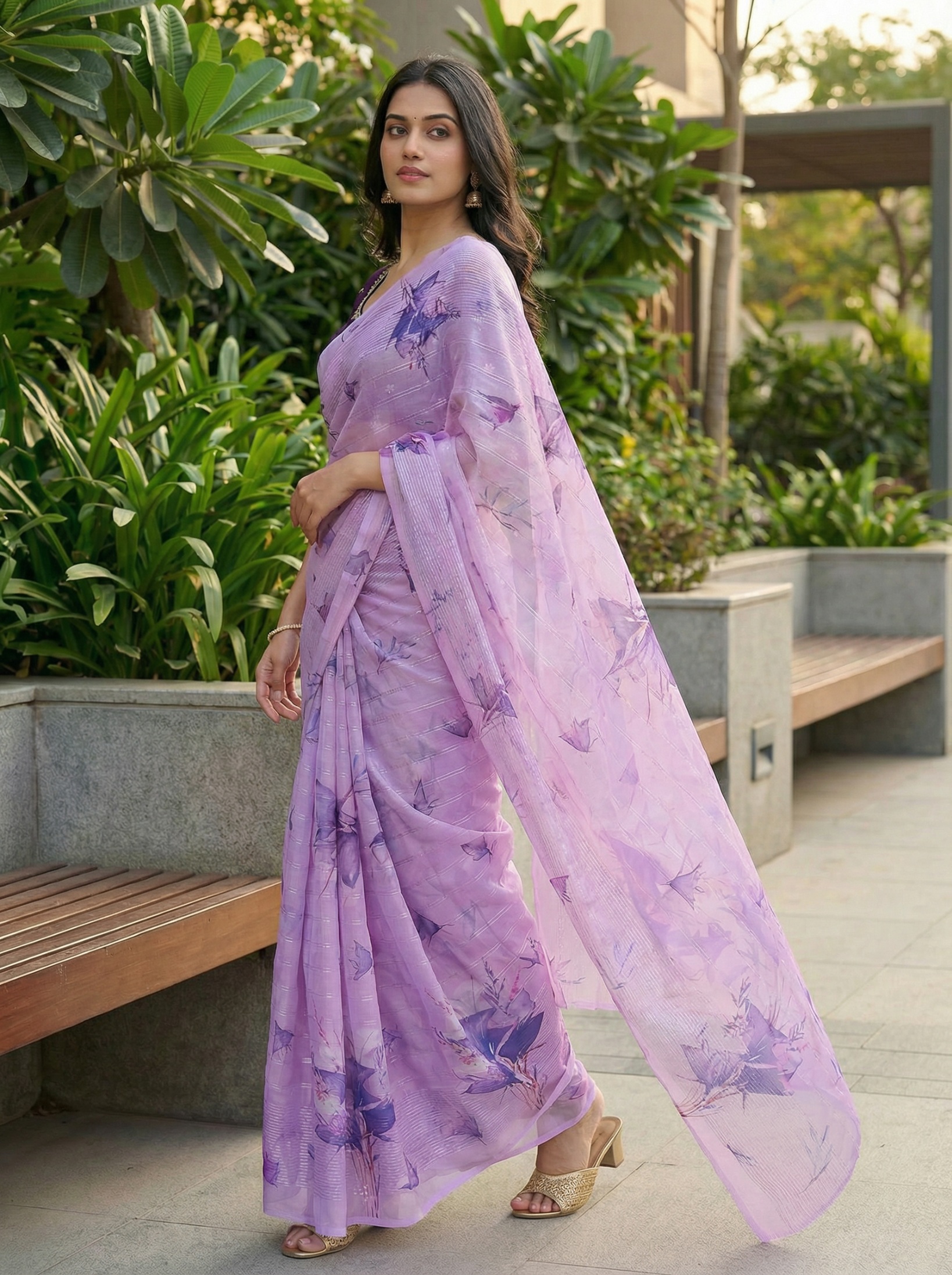 Lavender Floral Printed Organza Saree
