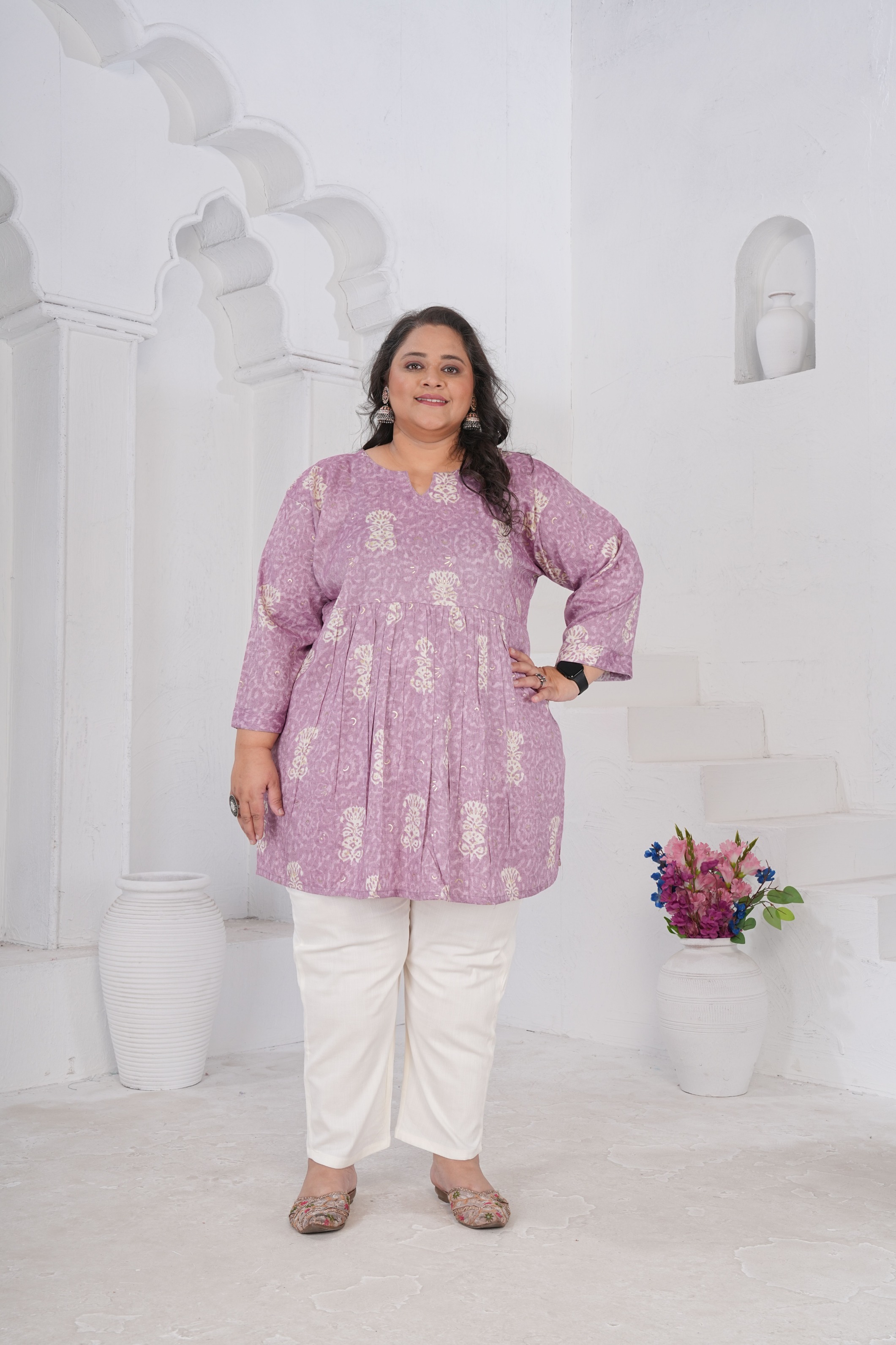 Lavender Floral Rayon Slub Kurti