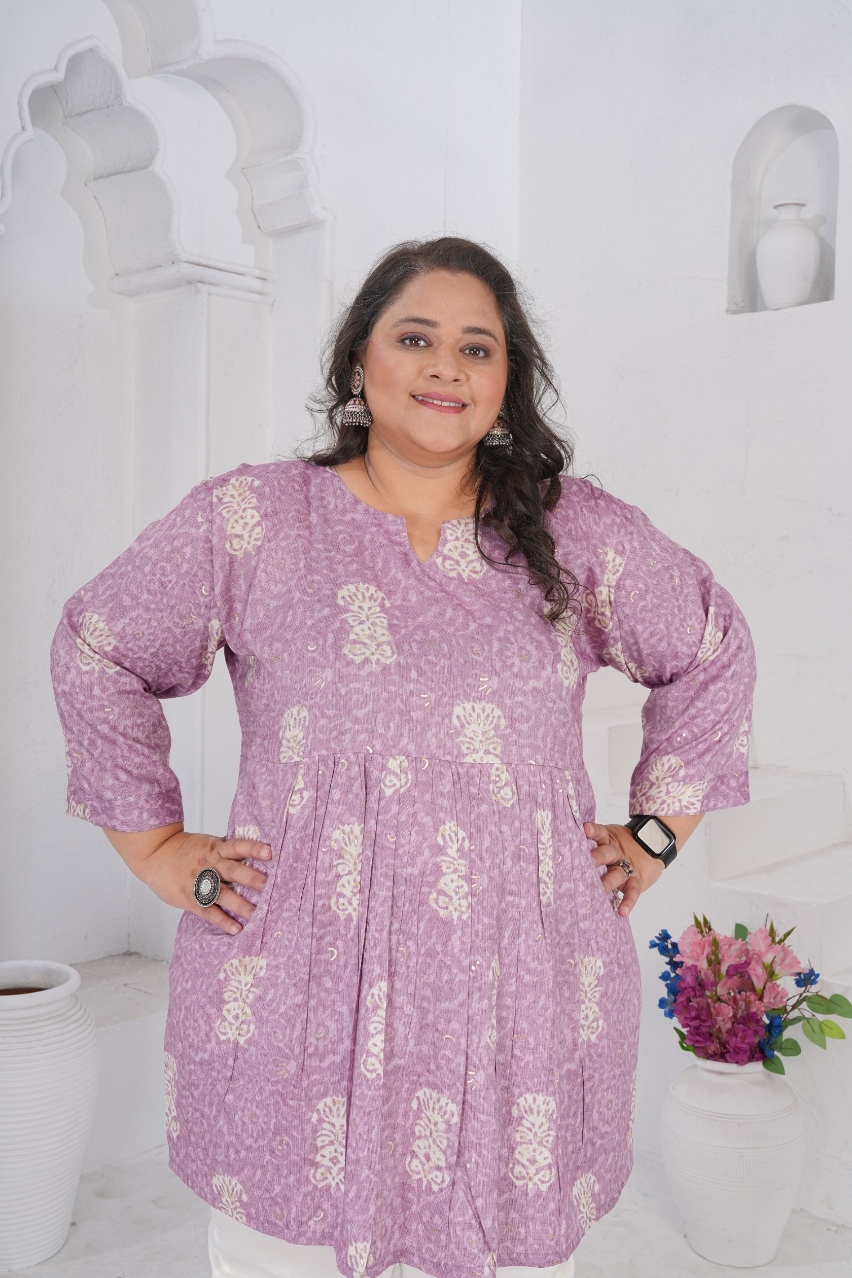 Lavender Floral Rayon Slub Kurti