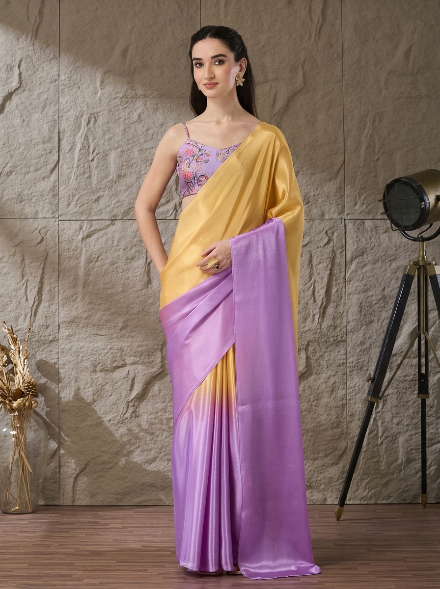 Lavender Floral Satin Ready To Wear Saree