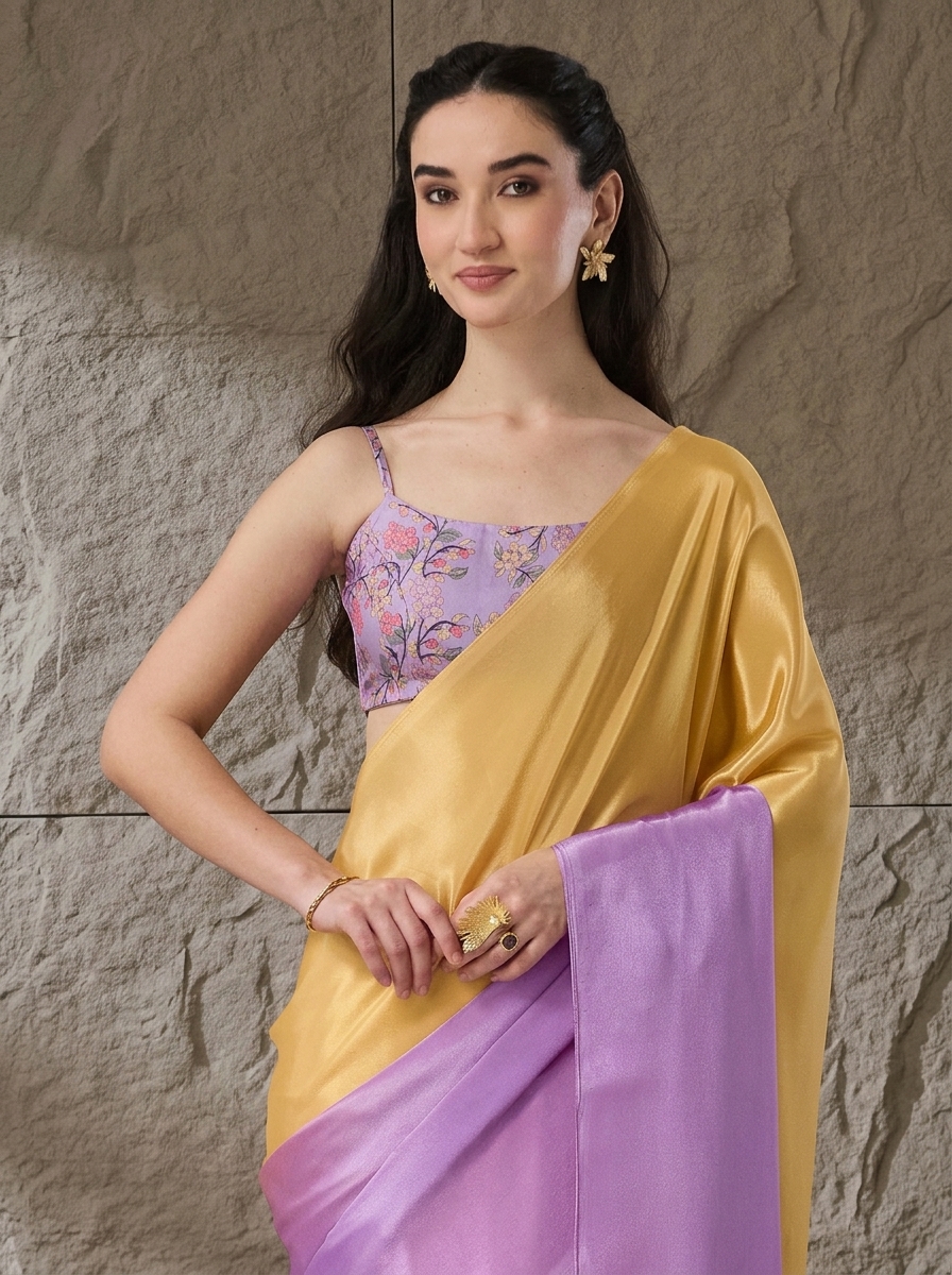 Lavender Floral Satin Ready To Wear Saree