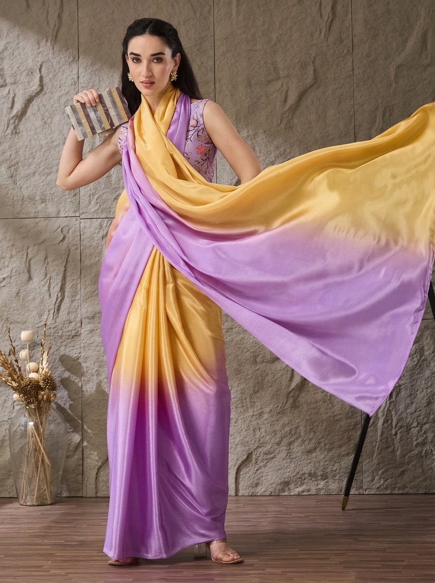 Lavender Floral Satin Ready To Wear Saree
