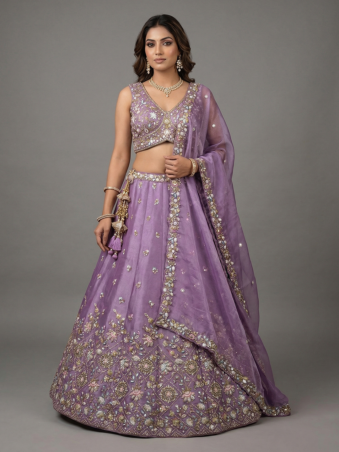 Lavender Floral Sequin Tissue Bridal Lehenga Choli