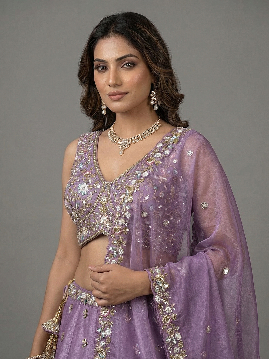 Lavender Floral Sequin Tissue Bridal Lehenga Choli