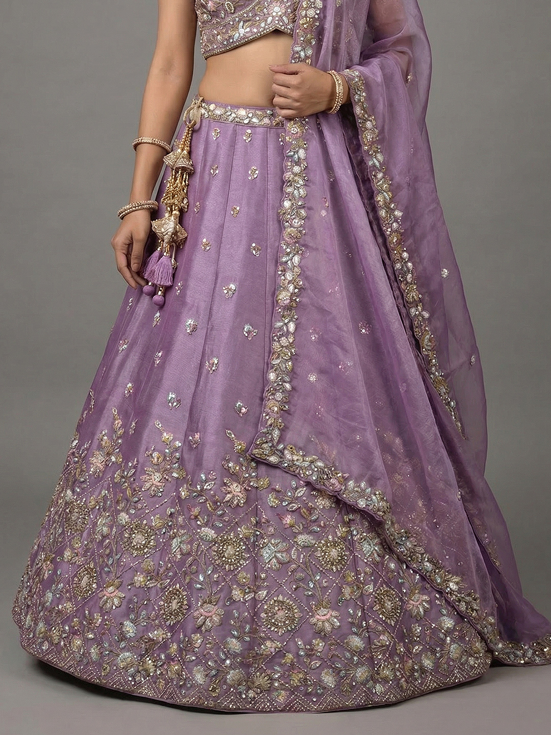 Lavender Floral Sequin Tissue Bridal Lehenga Choli