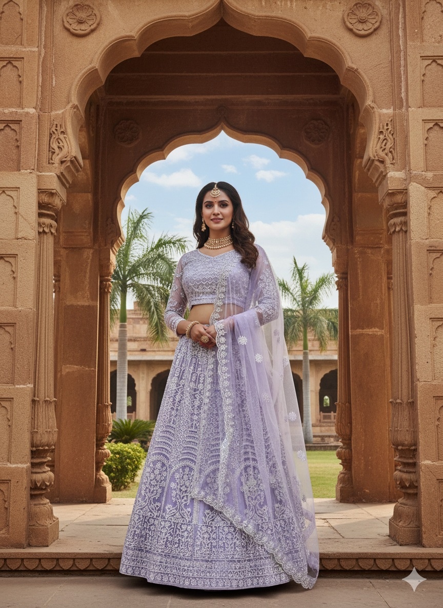 Lavender Floral Threadwork Net Lehenga Choli