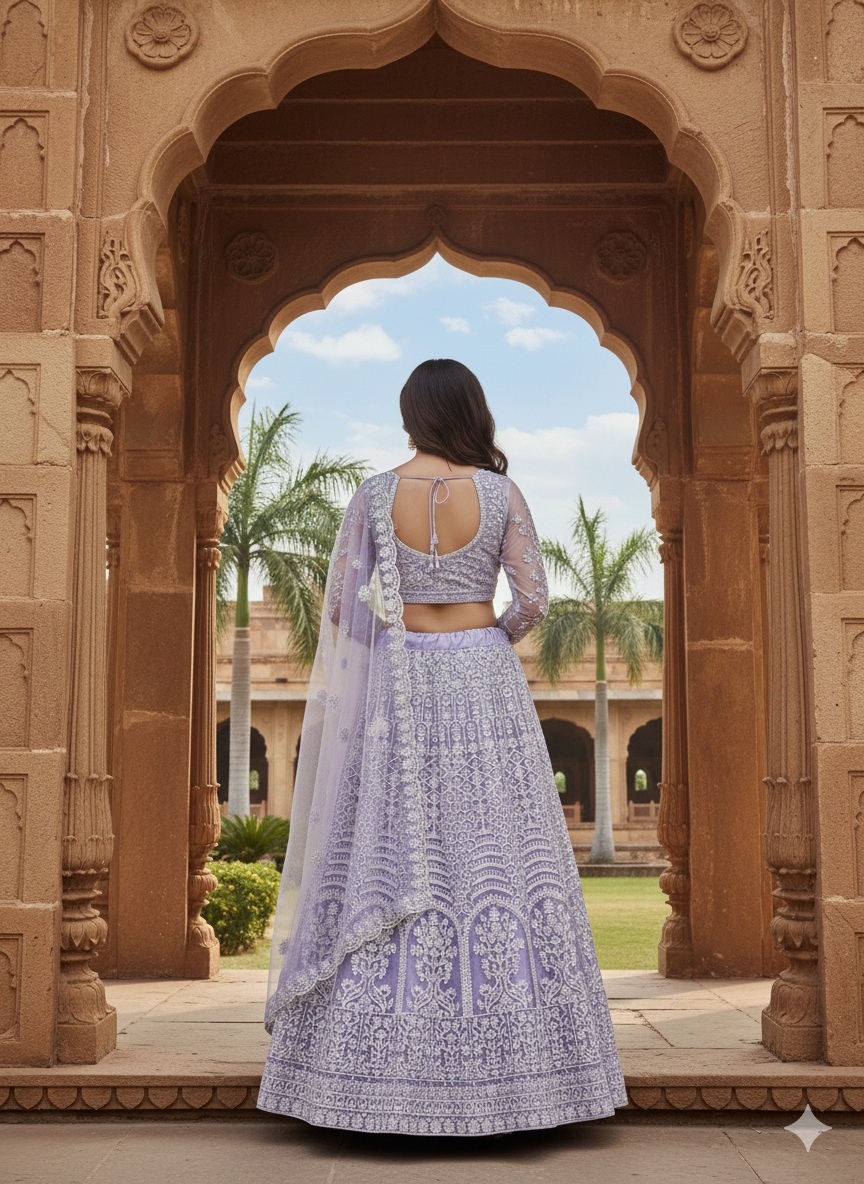 Lavender Floral Threadwork Net Lehenga Choli — alternate view