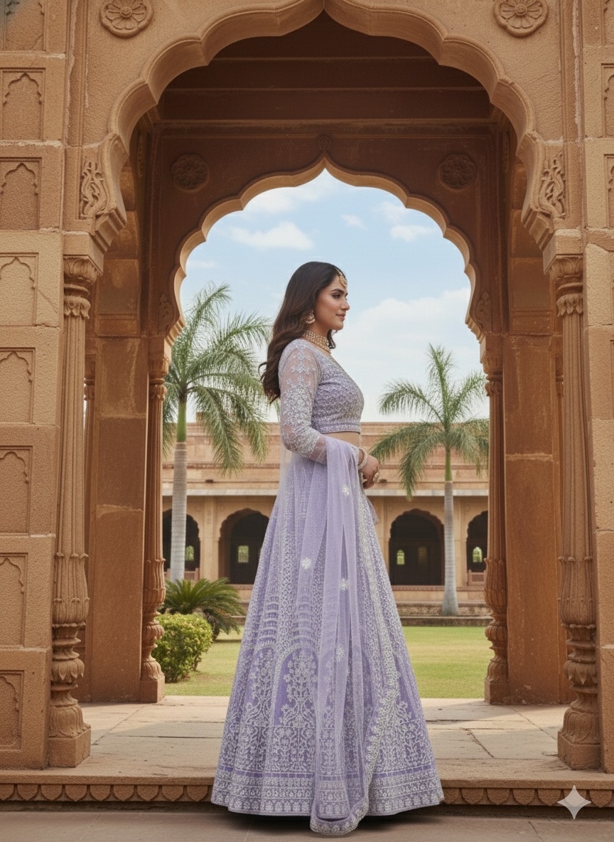 Lavender Floral Threadwork Net Lehenga Choli