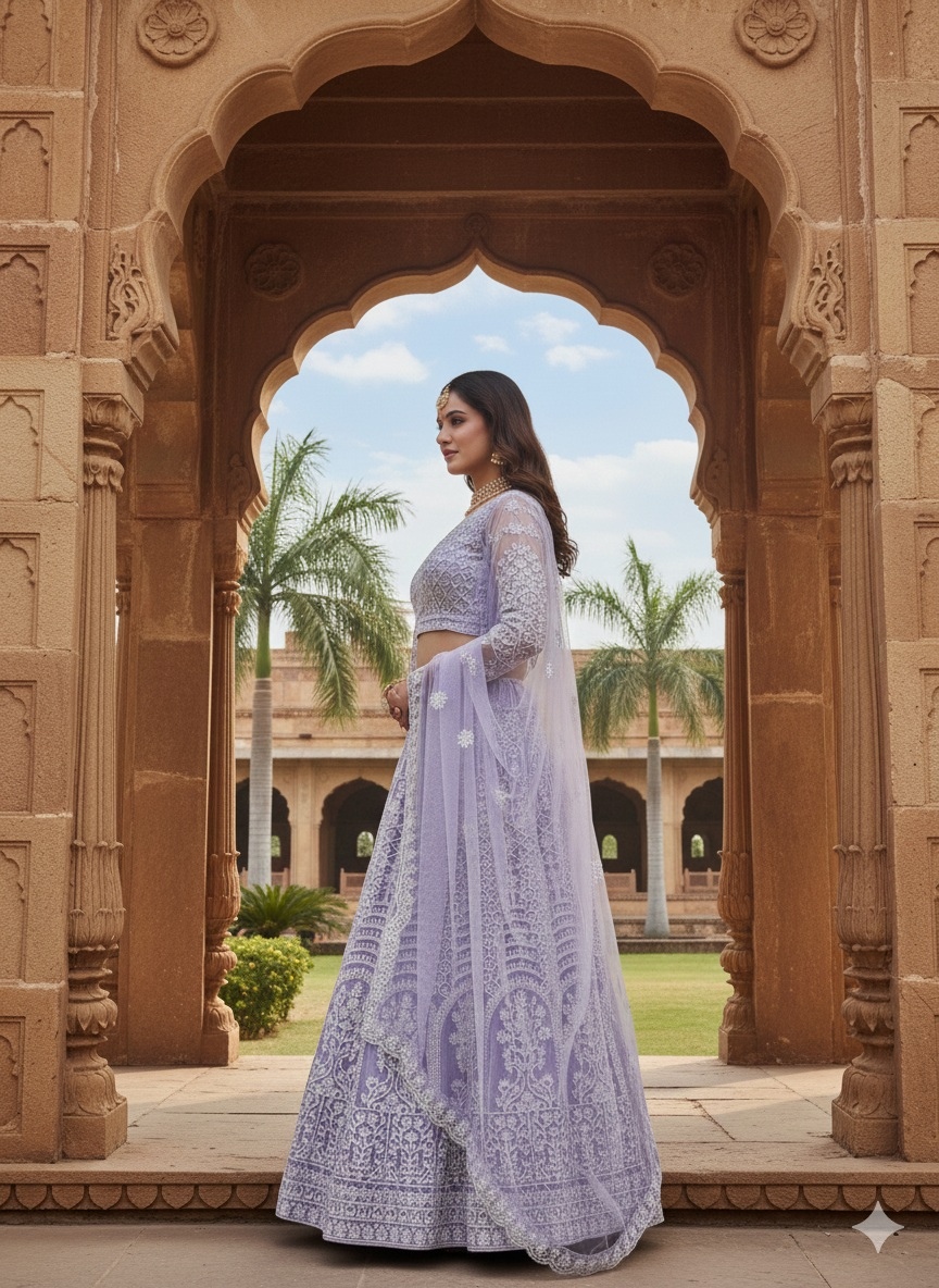 Lavender Floral Threadwork Net Lehenga Choli