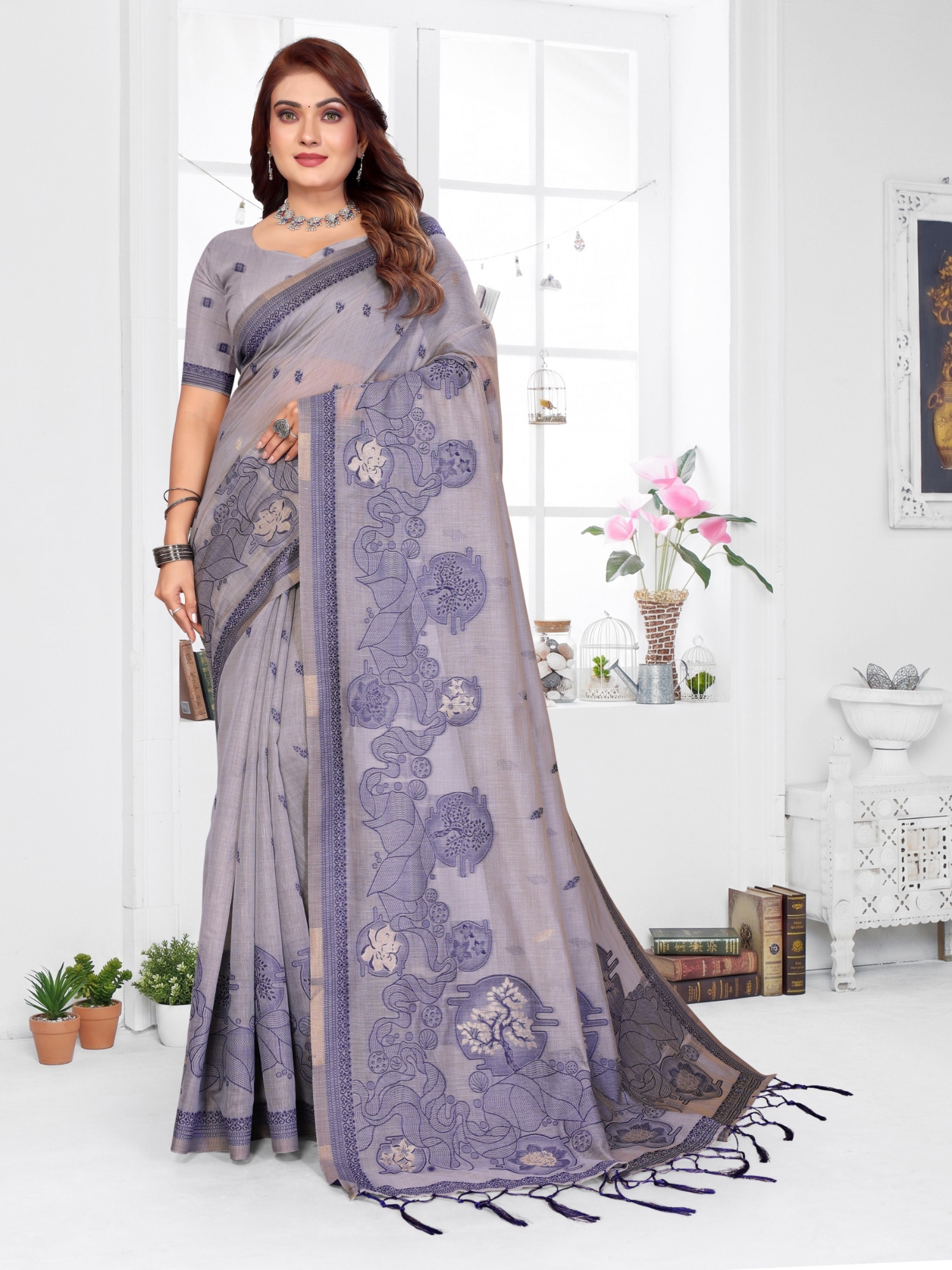 Lavender Floral Weaving Spun Cotton Saree