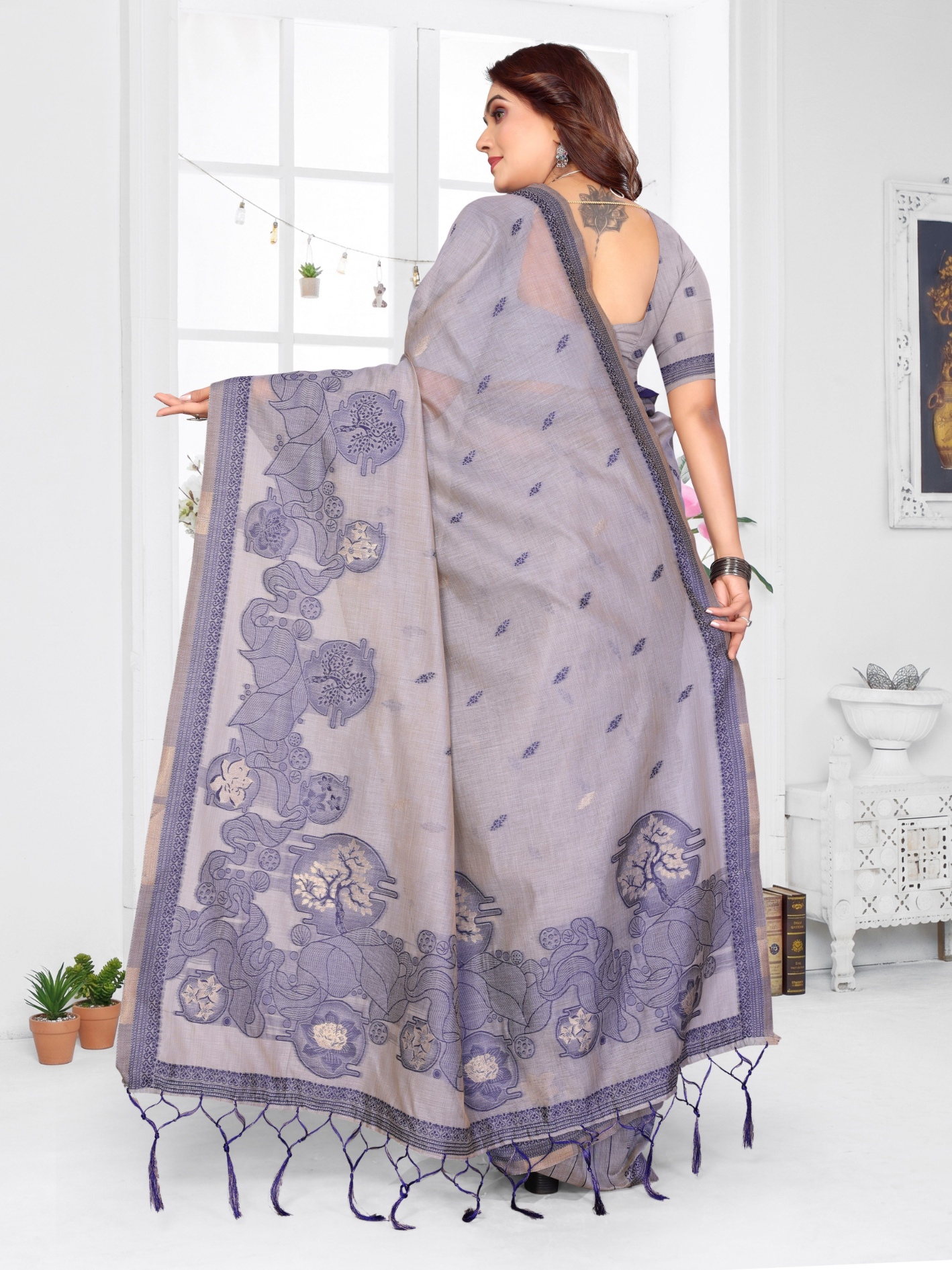 Lavender Floral Weaving Spun Cotton Saree — alternate view