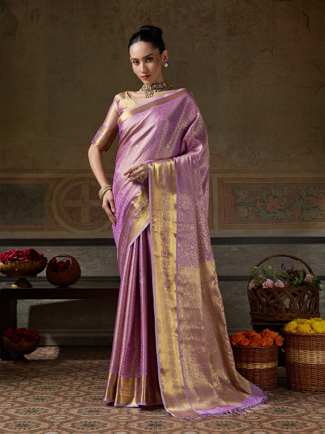 Lavender Floral Woven Zari Kanchivaram Silk Saree