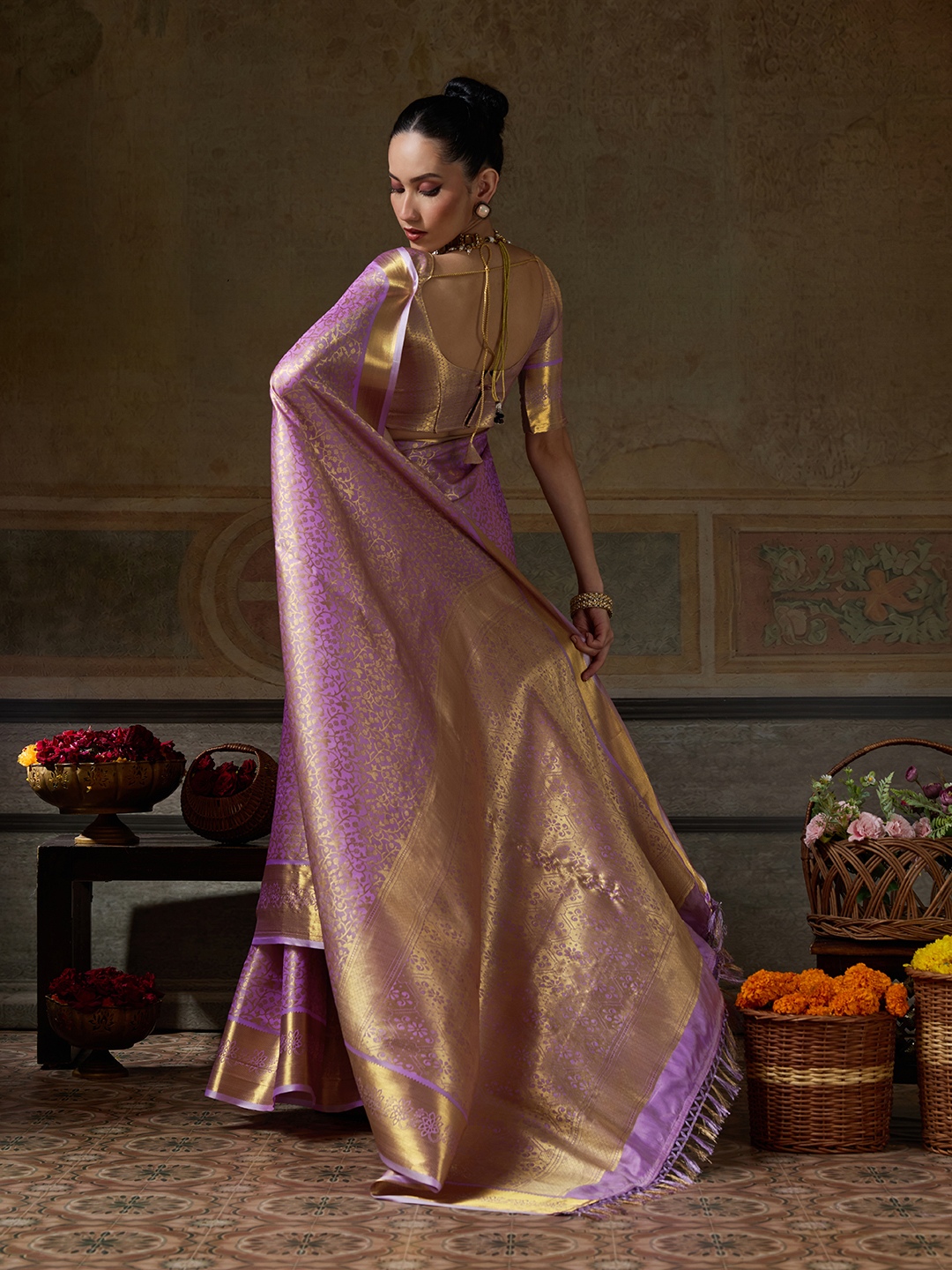 Lavender Floral Woven Zari Kanchivaram Silk Saree — alternate view