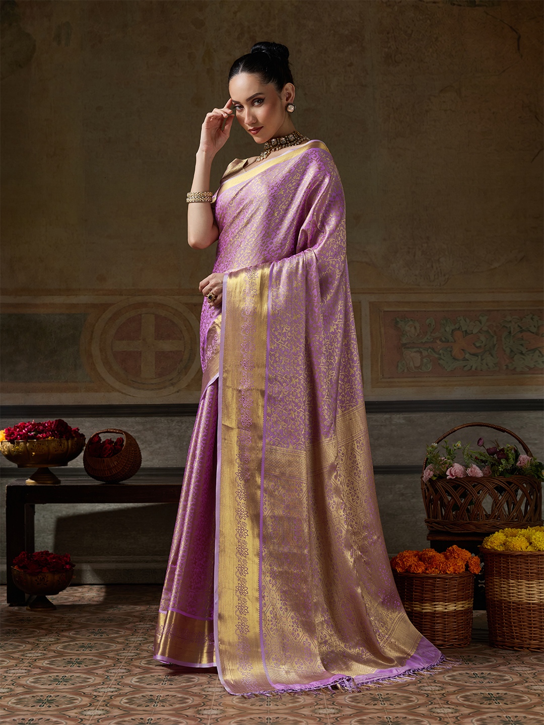 Lavender Floral Woven Zari Kanchivaram Silk Saree