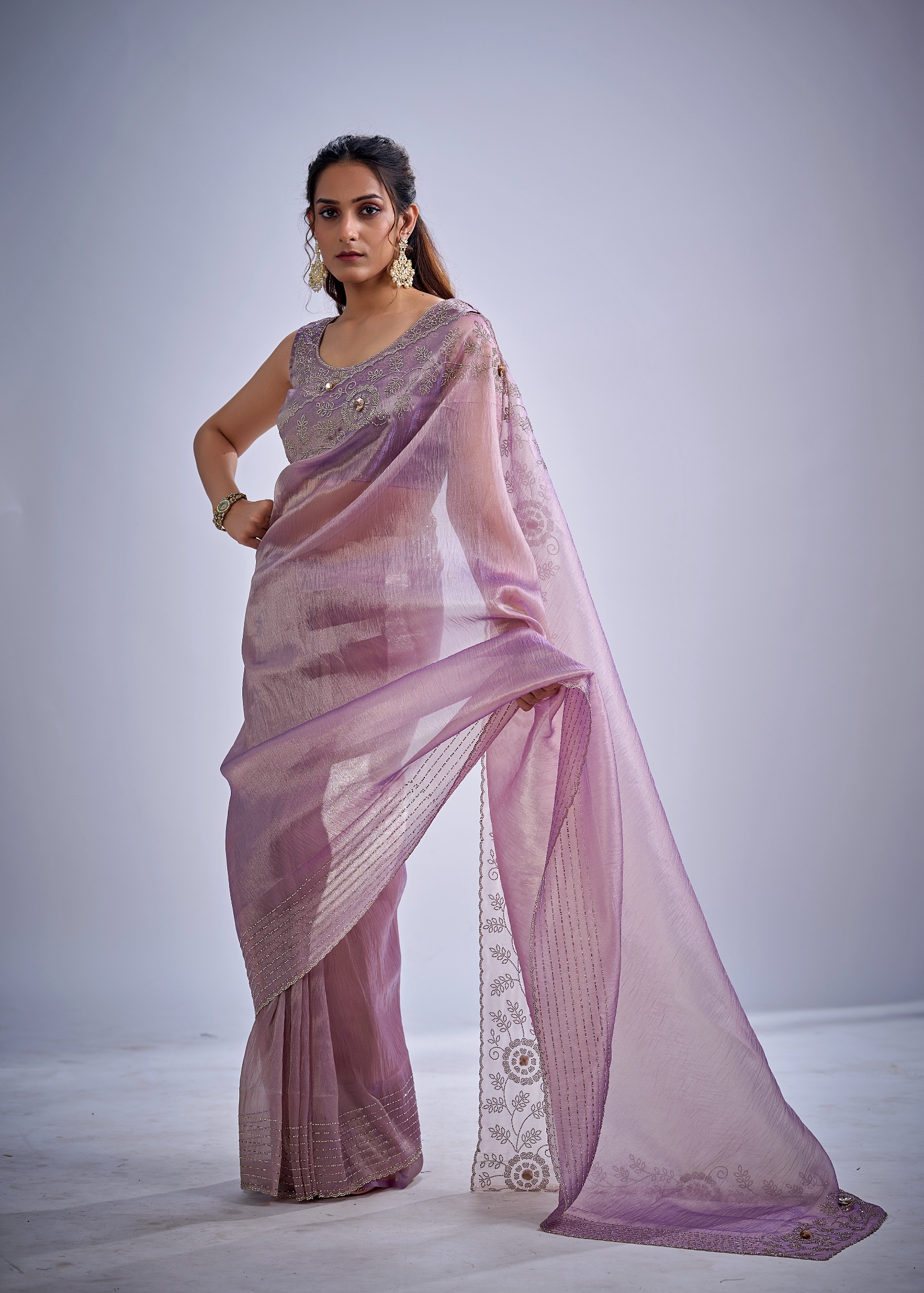 Lavender Floral Zircon Kanjivaram Pure Silk Saree