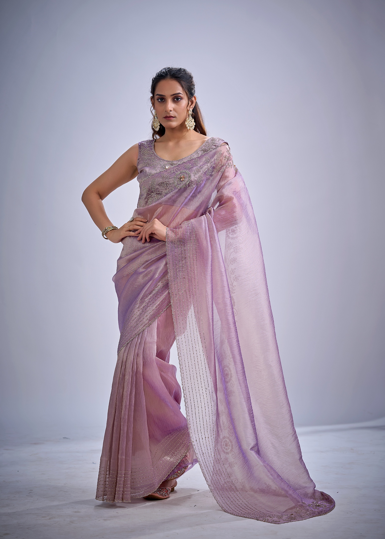 Lavender Floral Zircon Kanjivaram Pure Silk Saree