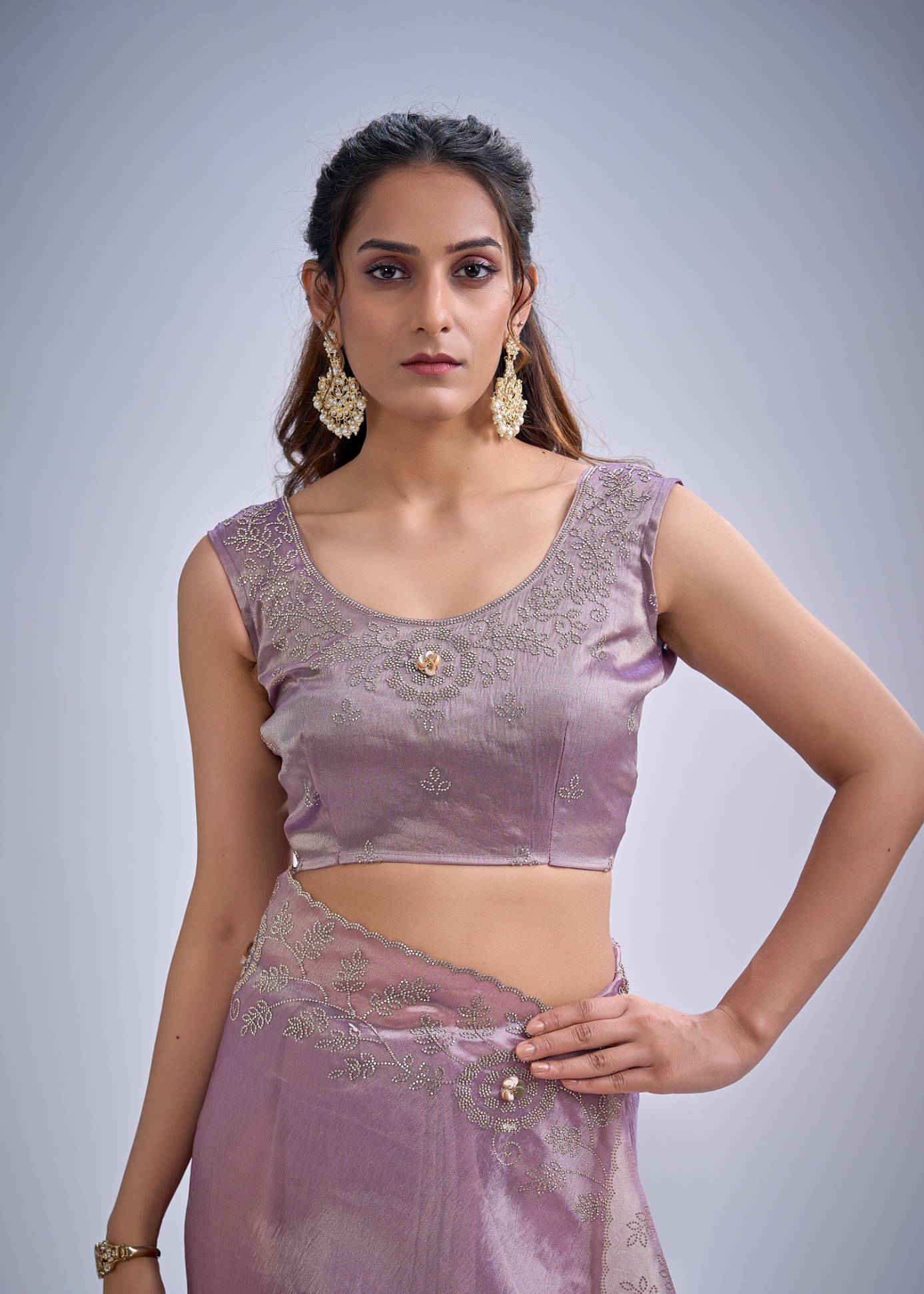 Lavender Floral Zircon Kanjivaram Pure Silk Saree