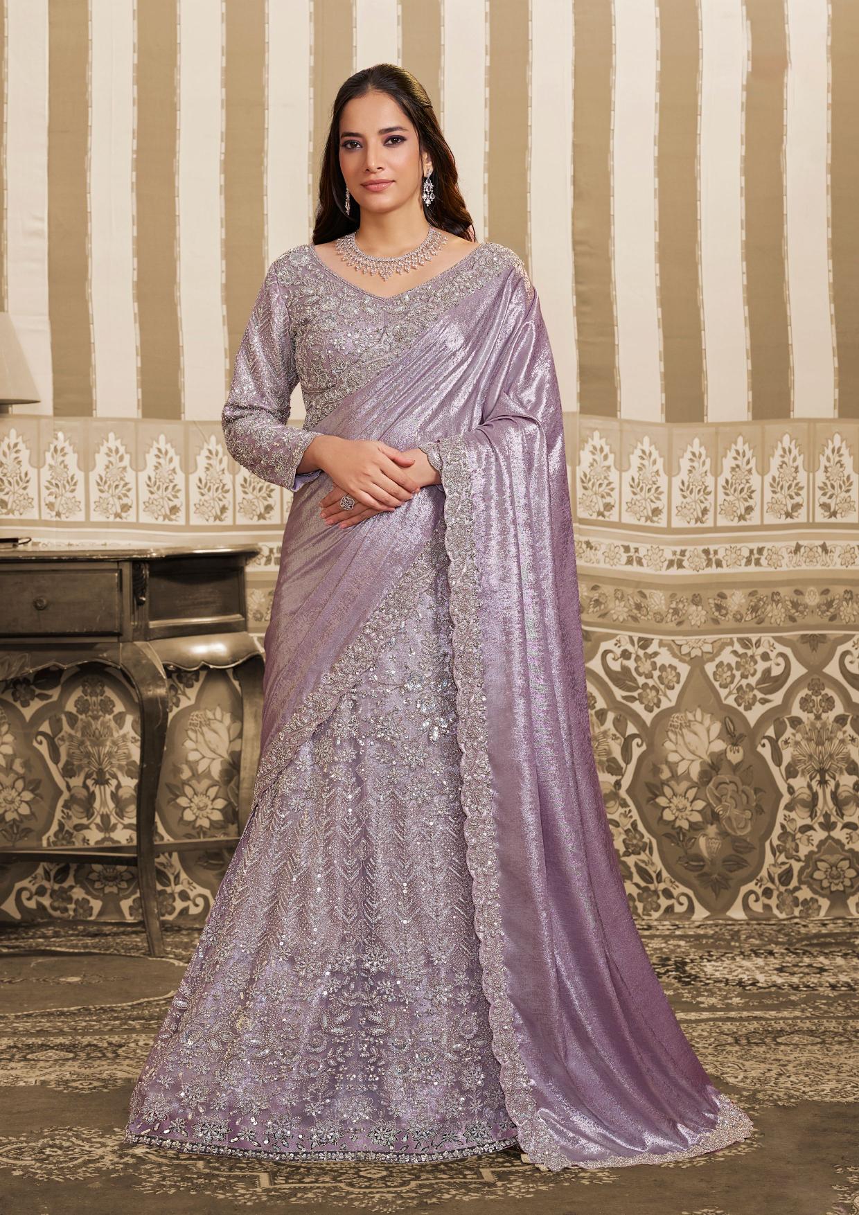 Lavender Foil Satin Beads and Sequin Lehenga Style Saree