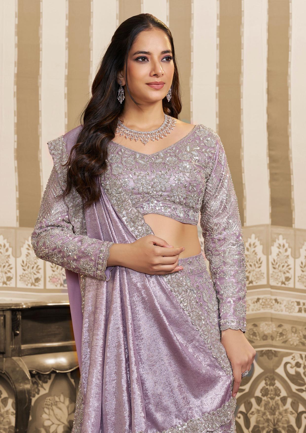 Lavender Foil Satin Beads and Sequin Lehenga Style Saree — alternate view