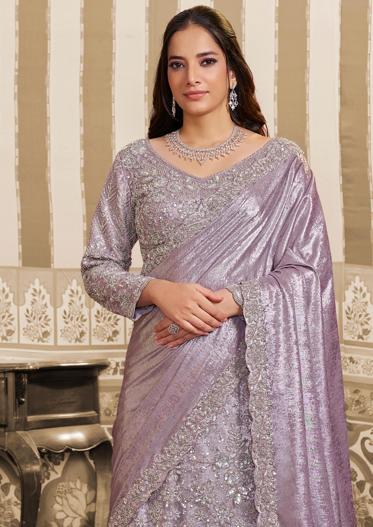 Lavender Foil Satin Beads and Sequin Lehenga Style Saree