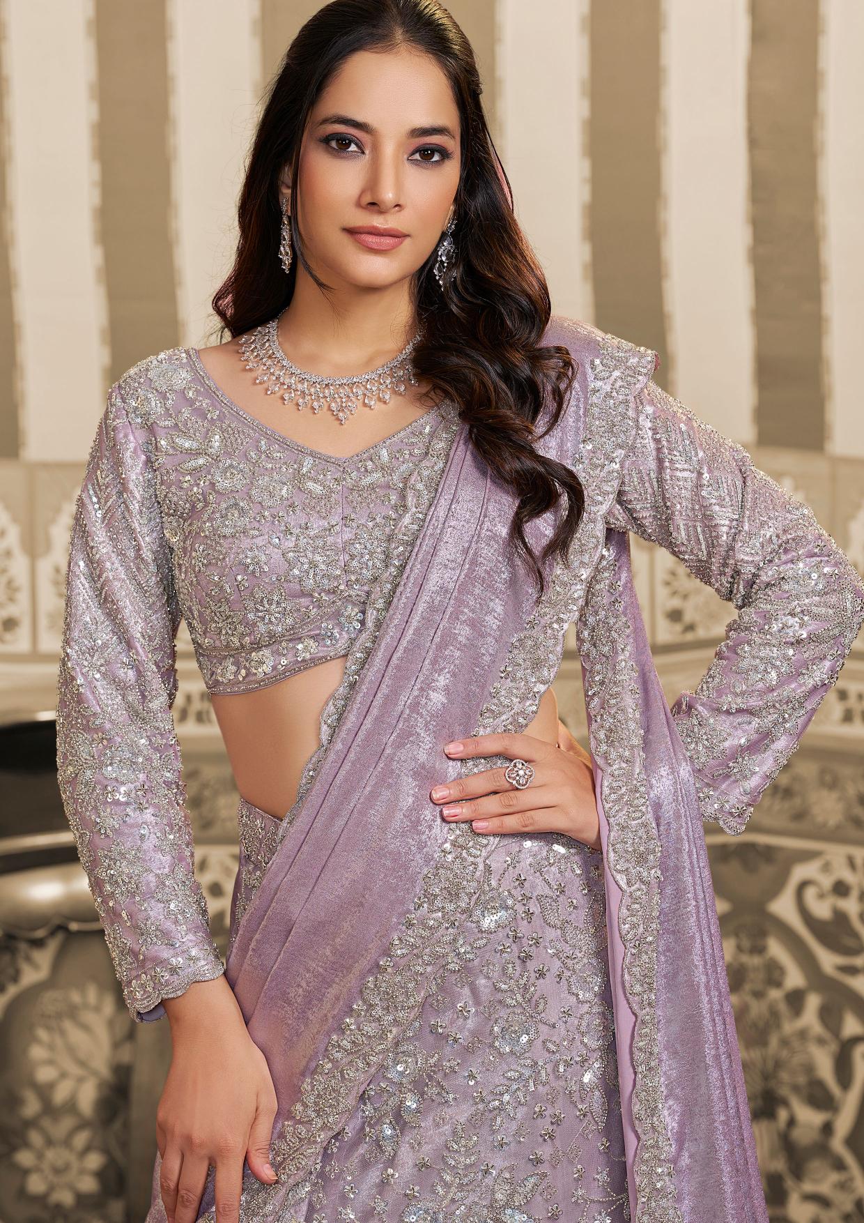 Lavender Foil Satin Beads and Sequin Lehenga Style Saree