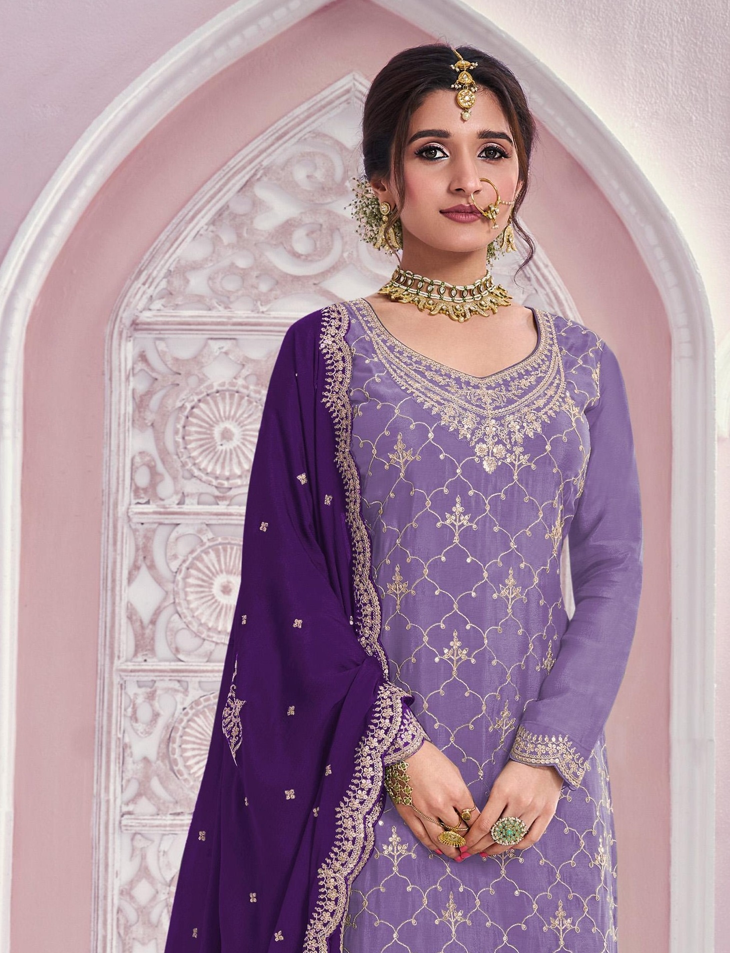 Lavender Geometric Designer Embroidery Chinon Palazzo Suit — alternate view