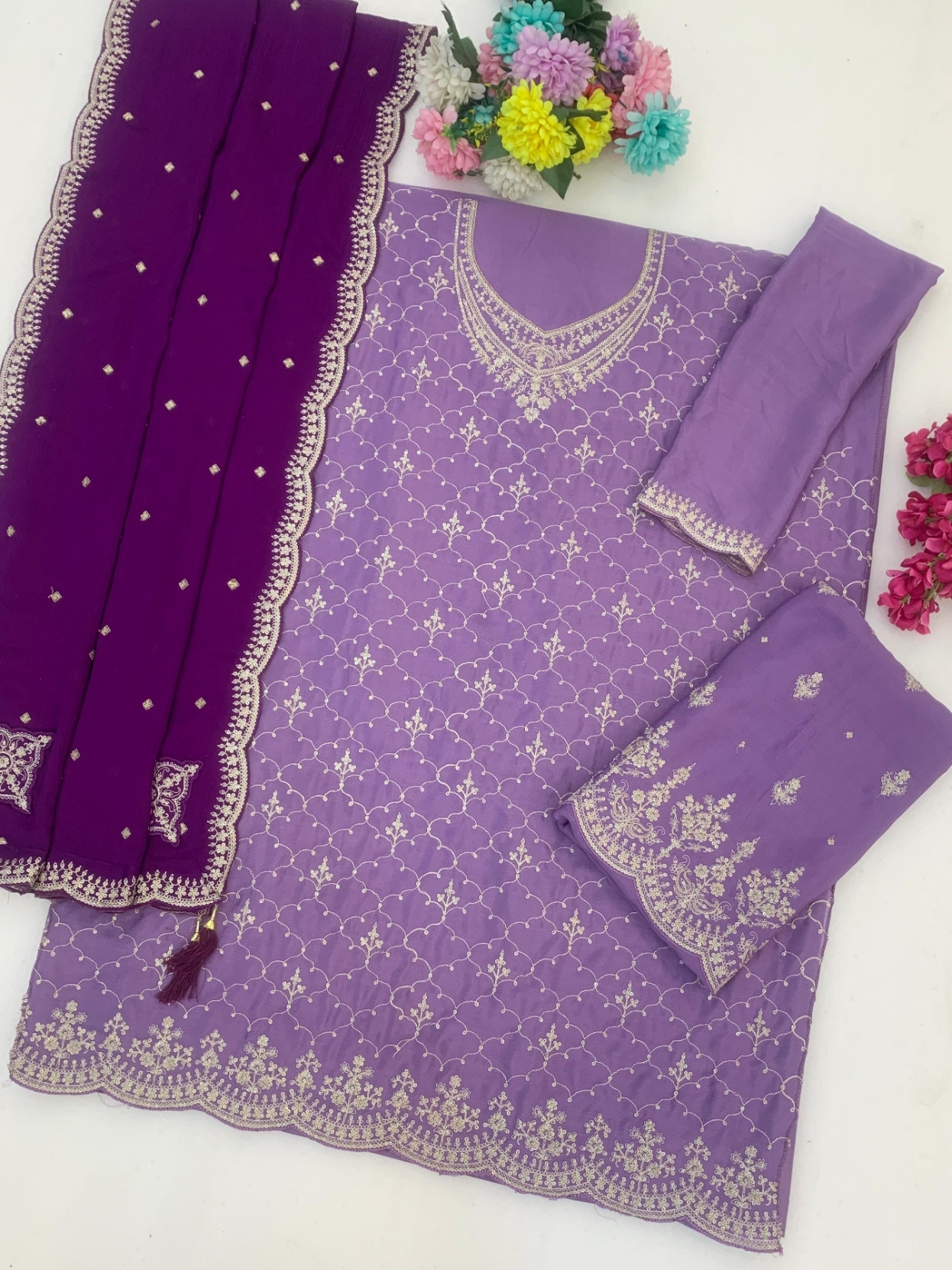 Lavender Geometric Designer Embroidery Chinon Palazzo Suit