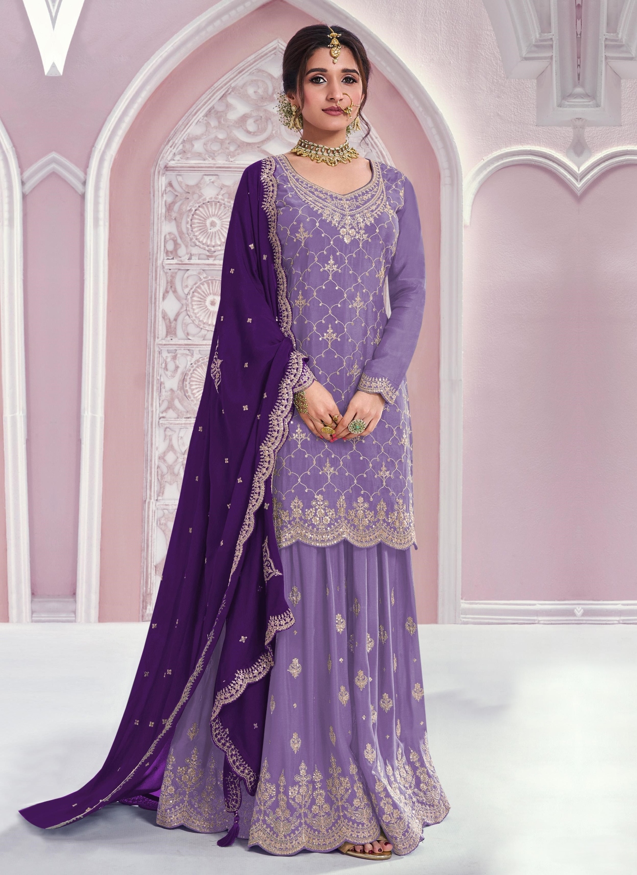 Lavender Geometric Designer Embroidery Chinon Palazzo Suit