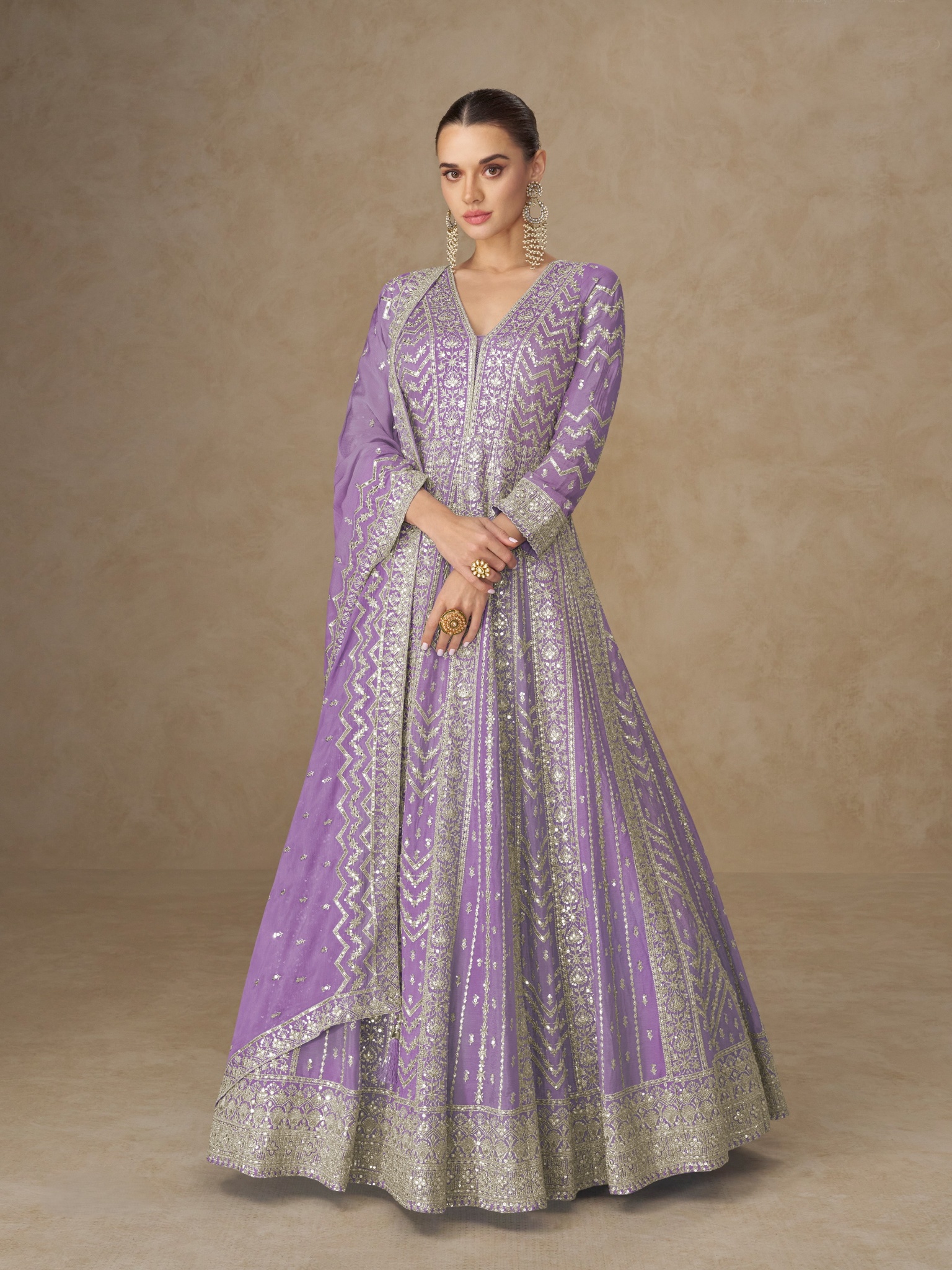 Lavender Geometric Embroidered Chinon Anarkali Gown