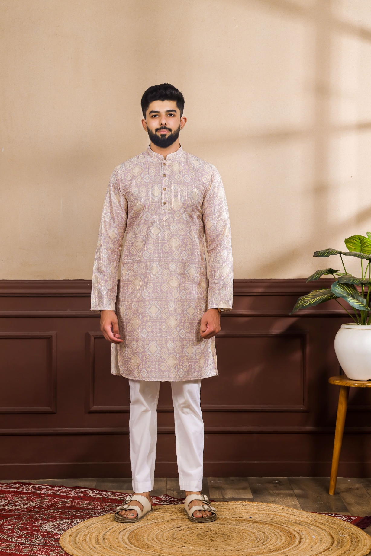 Lavender Geometric Printed Art Silk Festive Kurta Pyjama