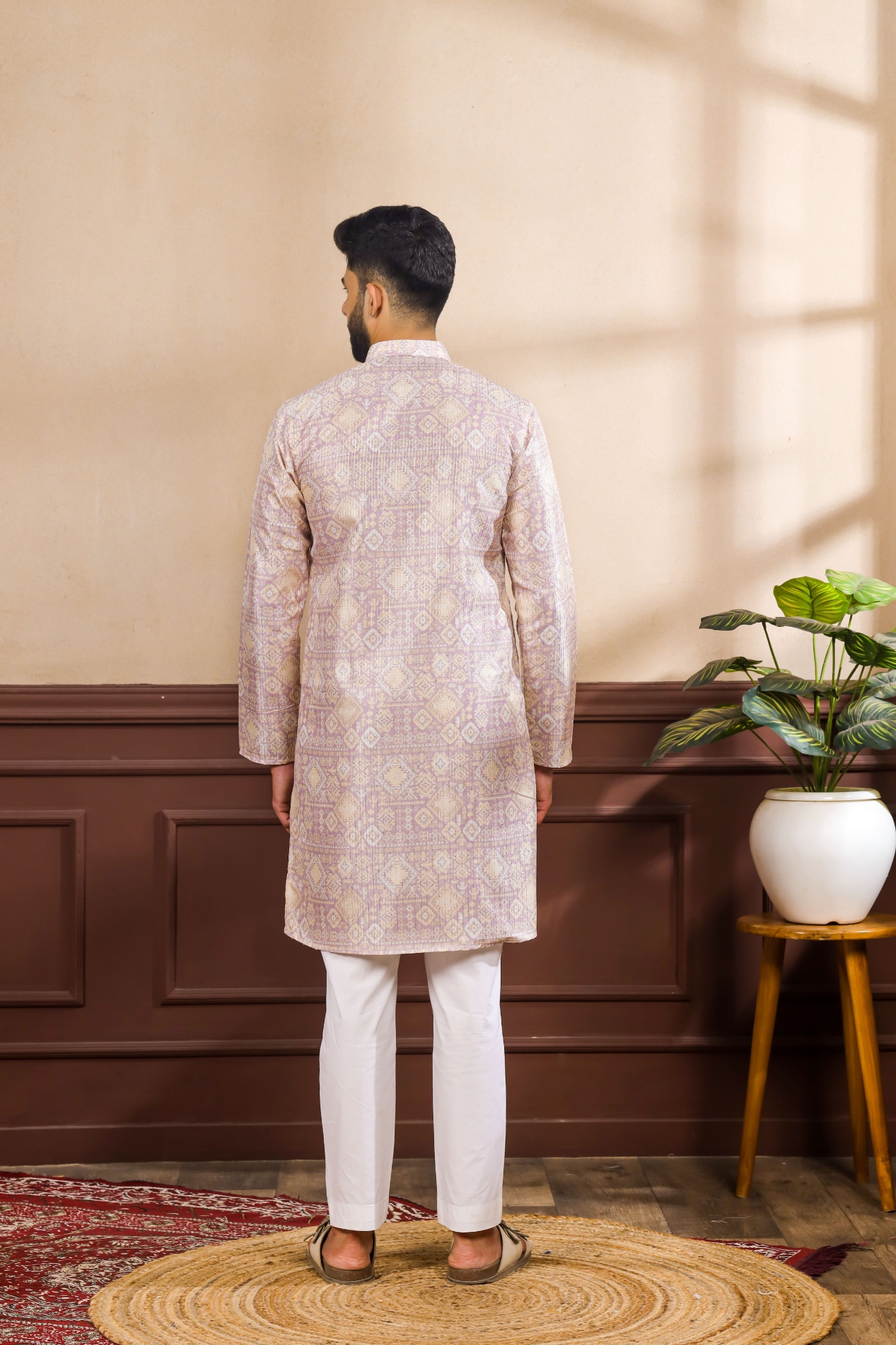 Lavender Geometric Printed Art Silk Festive Kurta Pyjama — alternate view