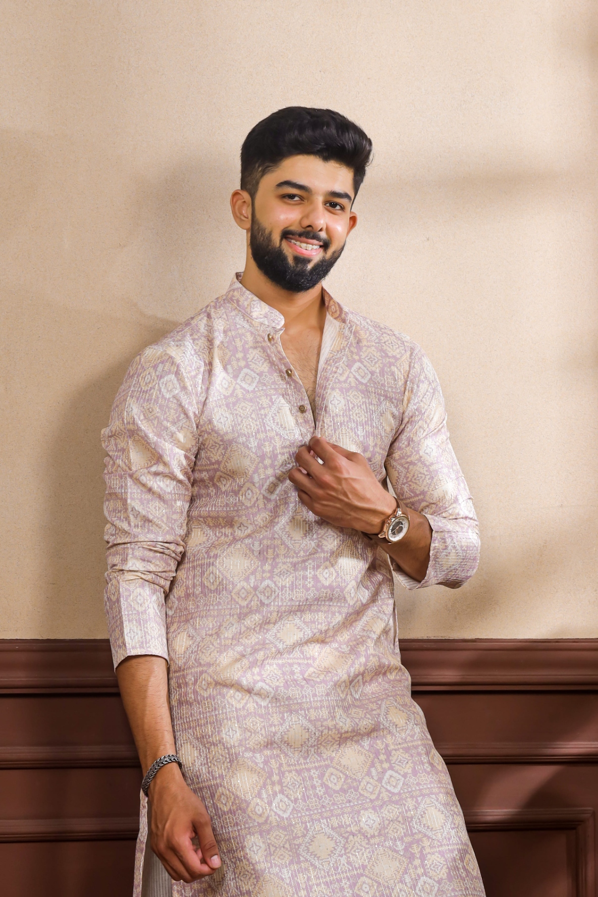 Lavender Geometric Printed Art Silk Festive Kurta Pyjama