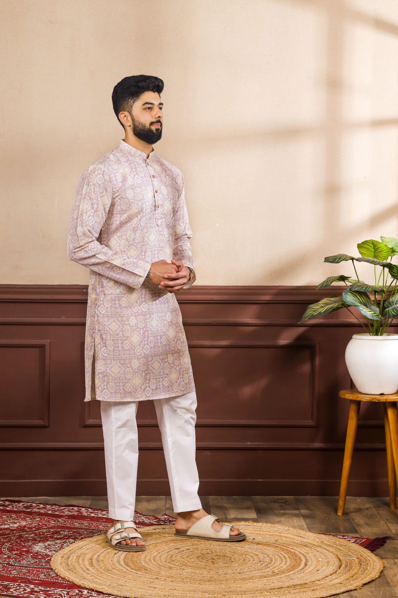 Lavender Geometric Printed Art Silk Festive Kurta Pyjama