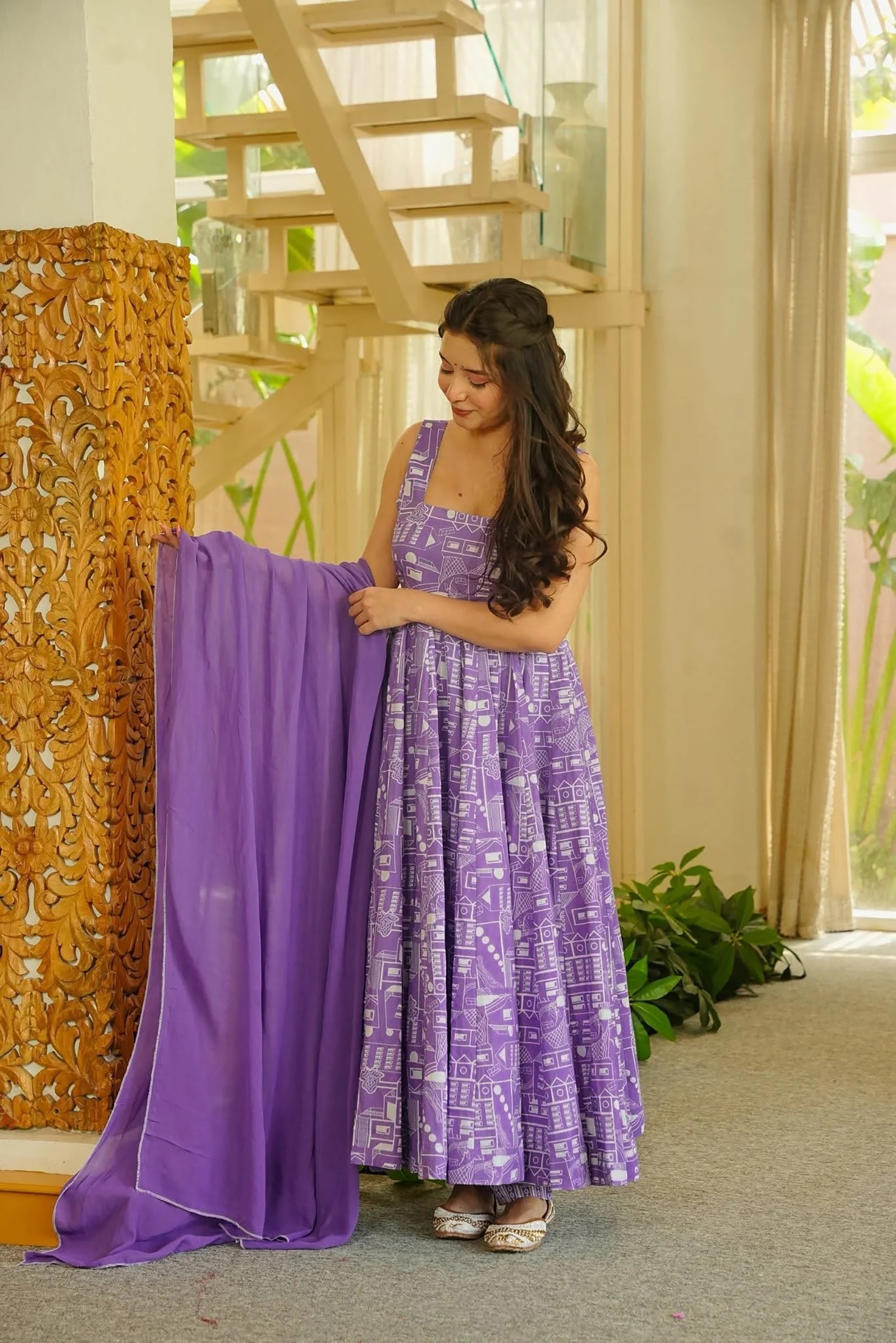 Lavender Geometric Printed Muslin Anarkali Suit