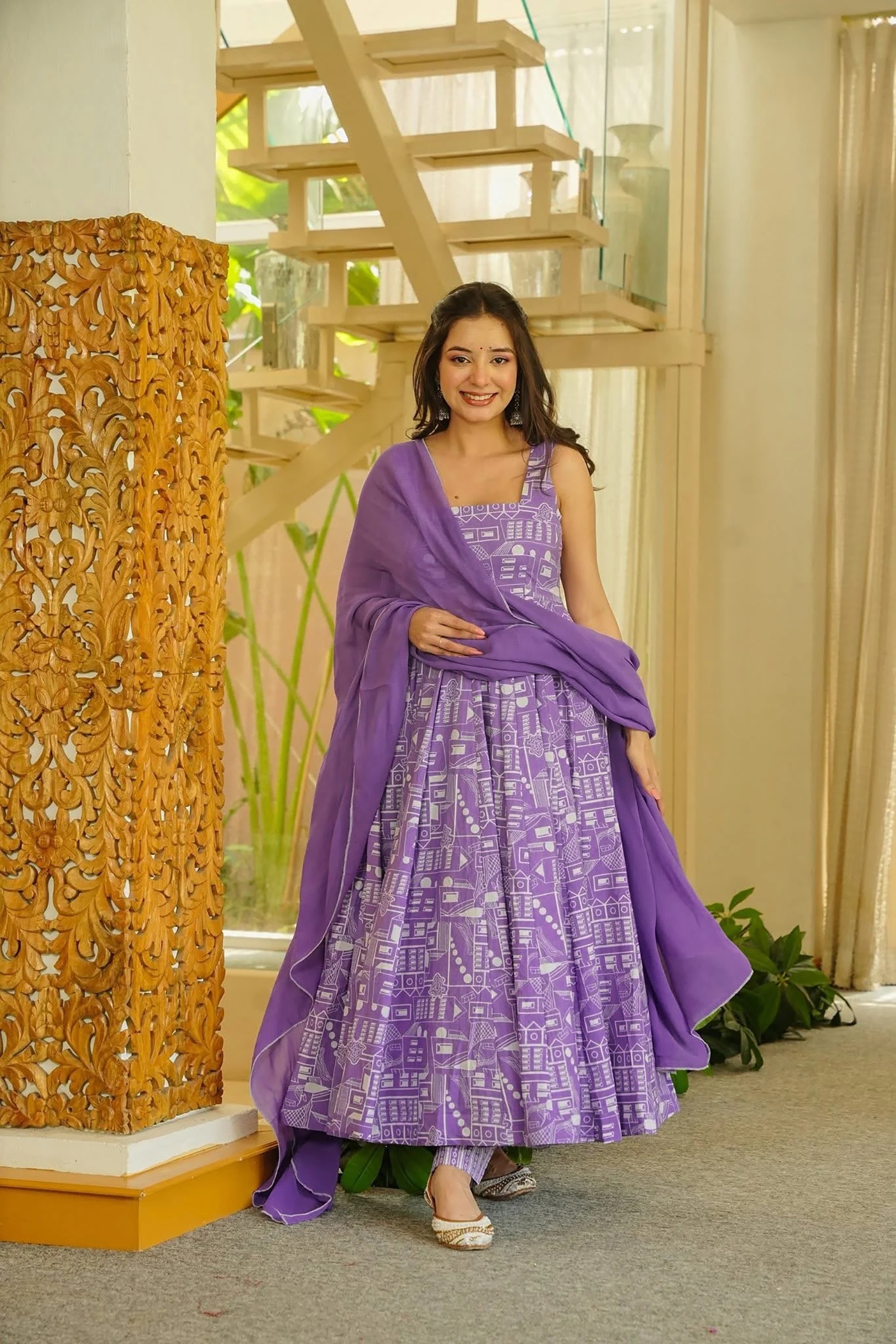 Lavender Geometric Printed Muslin Anarkali Suit