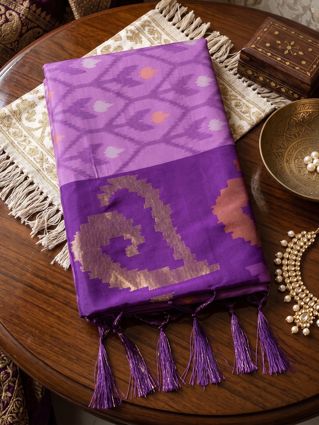Lavender Geometric Printed Work Soft Silk Saree