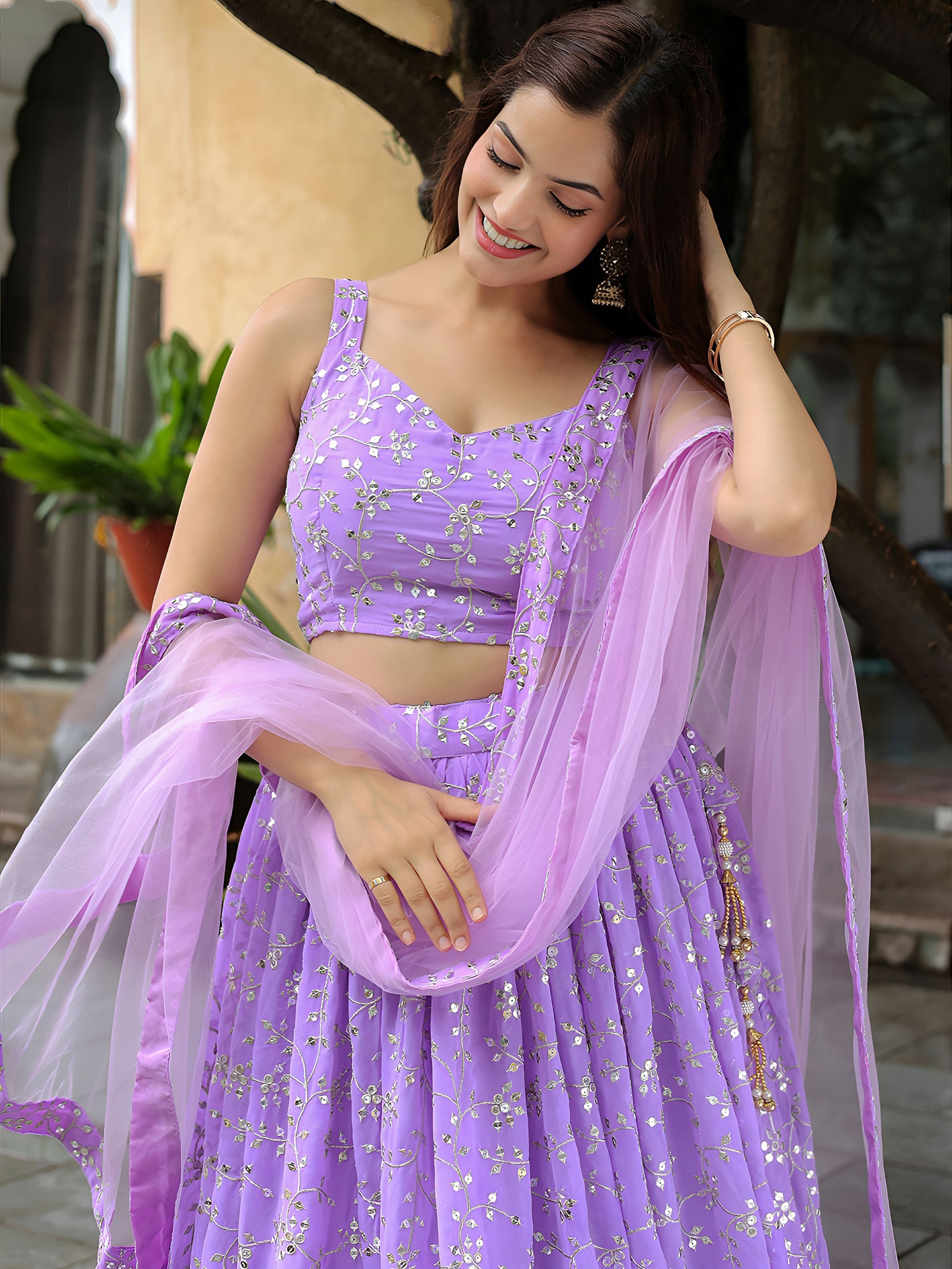 Lavender Georgette Floral Vine Flared Lehenga Choli