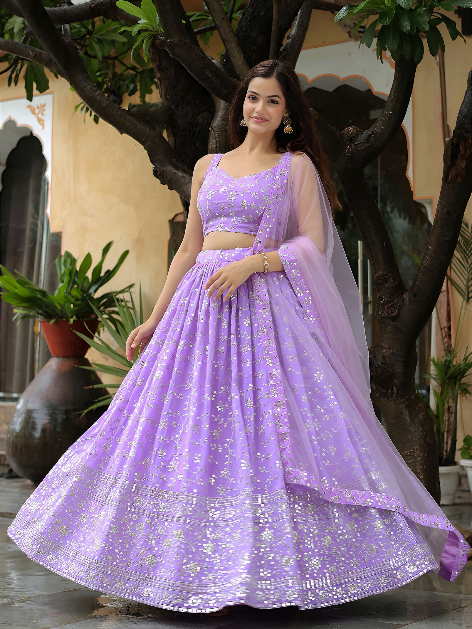 Lavender Georgette Floral Vine Flared Lehenga Choli