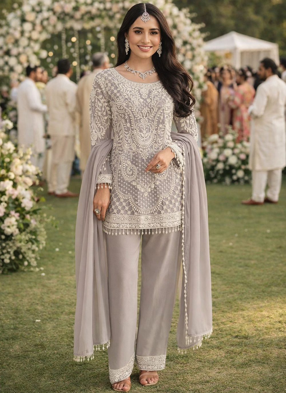 Lavender Georgette Palazzo Suit with Embroidery and Bead Work