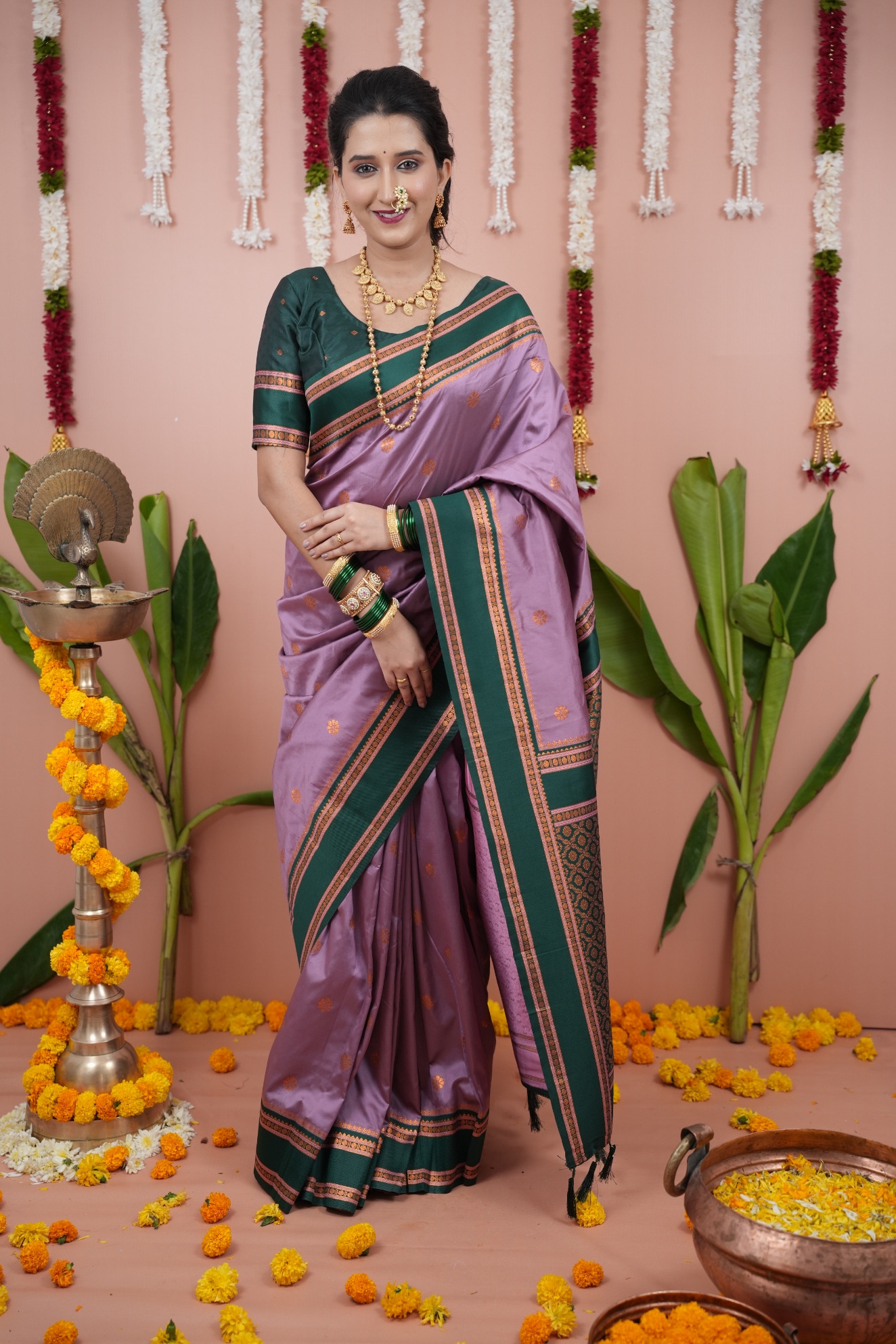 Lavender Green Temple Border Saree