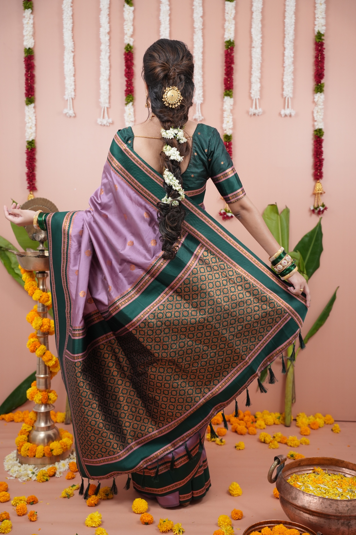 Lavender Green Temple Border Saree — alternate view