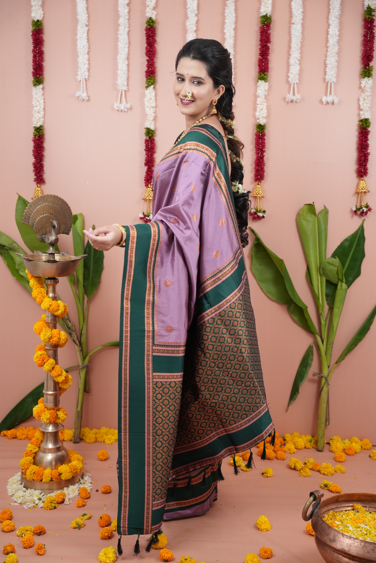 Lavender Green Temple Border Saree