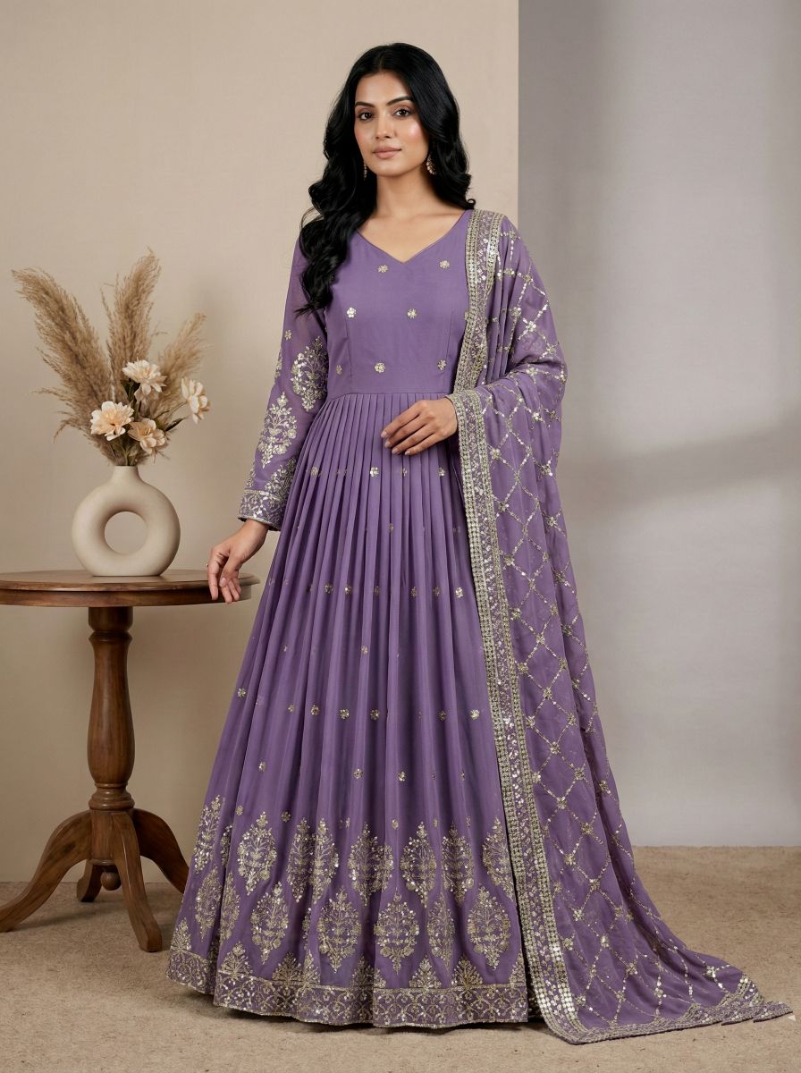Lavender Heavy Faux Georgette Embroidered Sequence Anarkali Gown