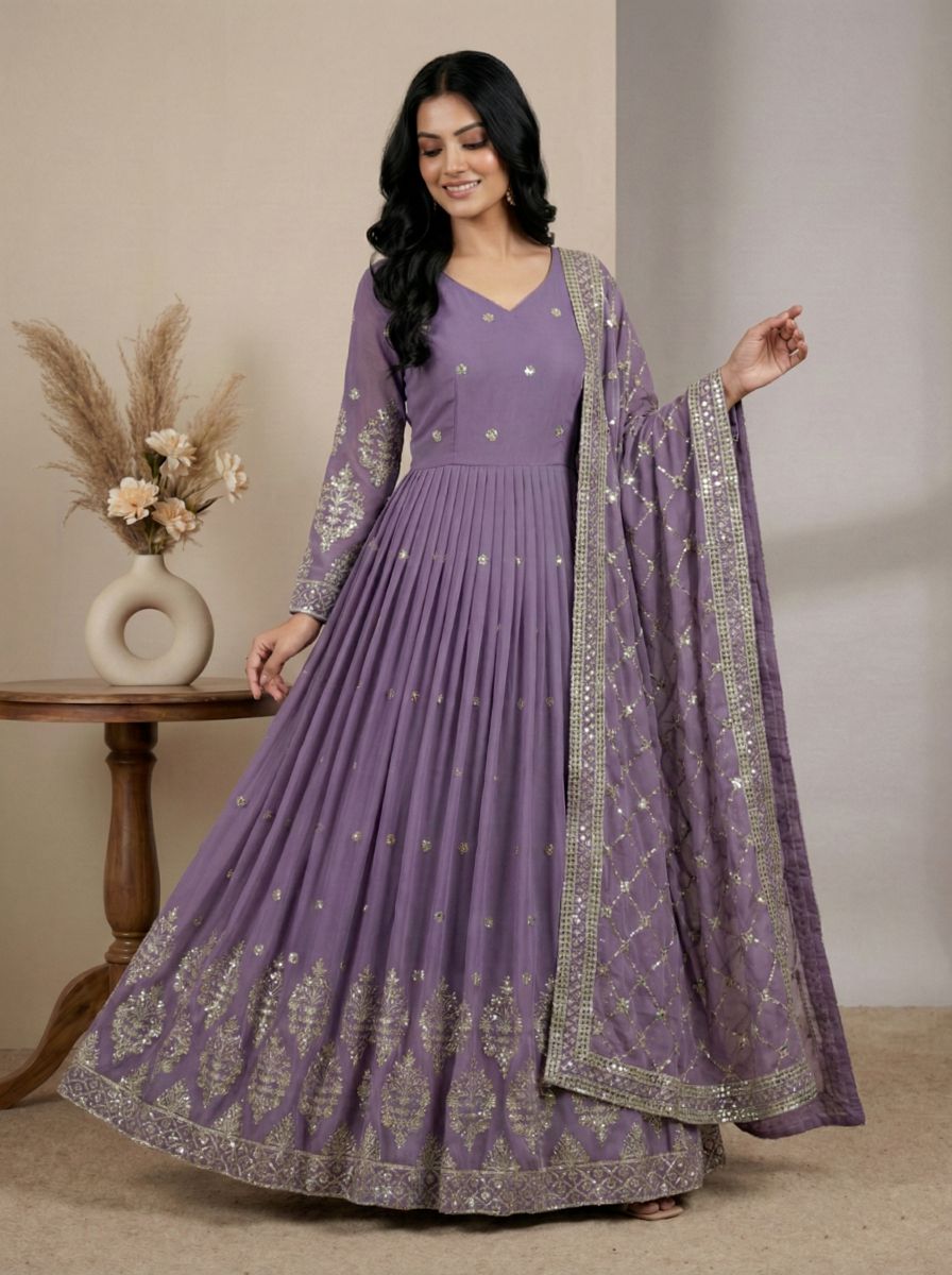 Lavender Heavy Faux Georgette Embroidered Sequence Anarkali Gown — alternate view
