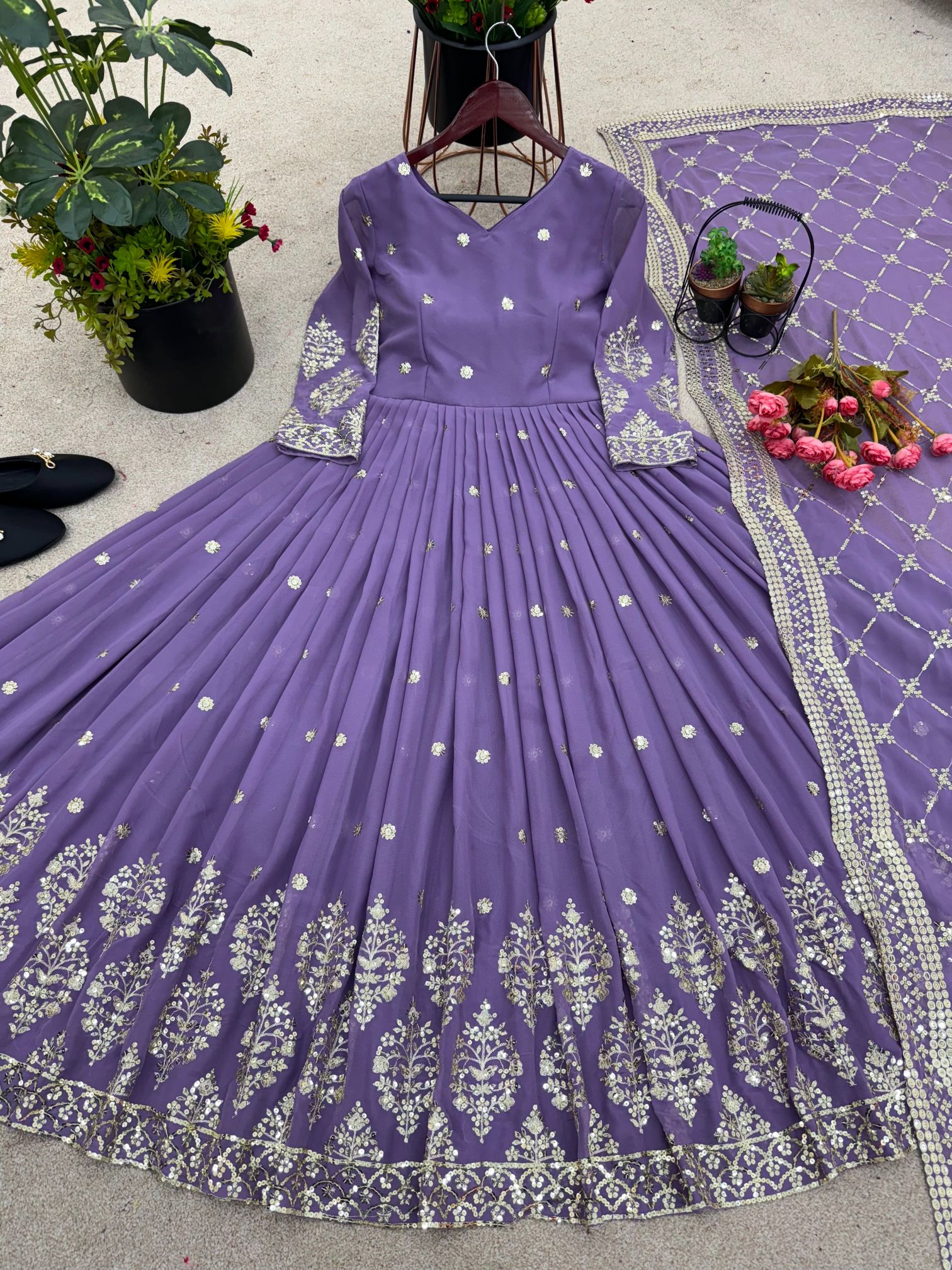 Lavender Heavy Faux Georgette Embroidered Sequence Anarkali Gown
