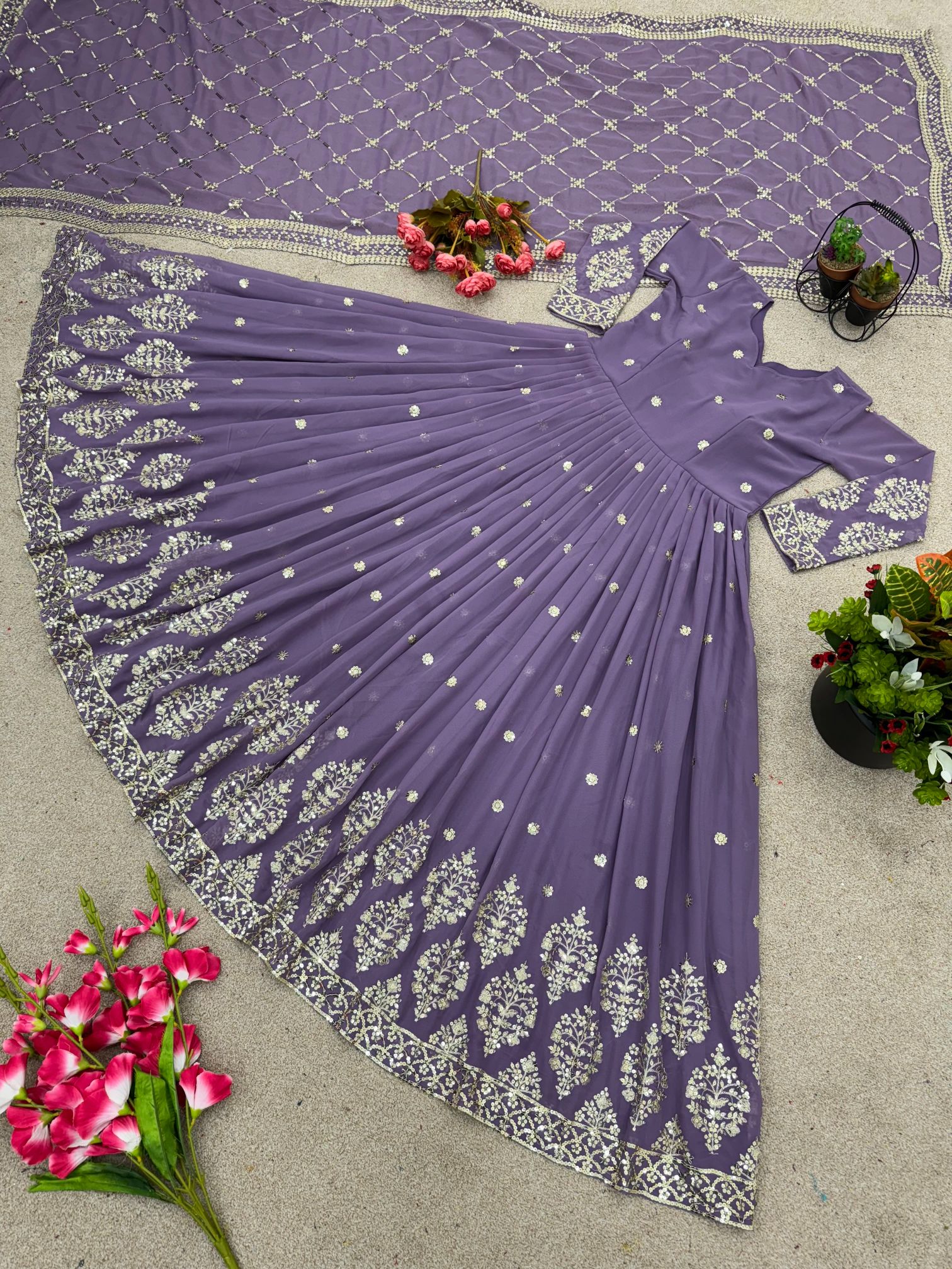 Lavender Heavy Faux Georgette Embroidered Sequence Anarkali Gown